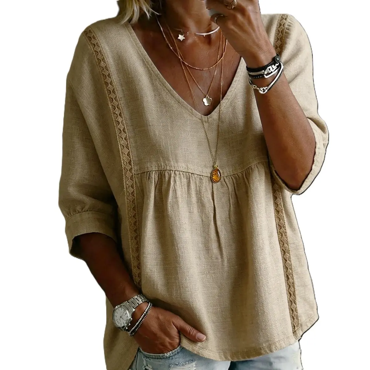 Stylish Loose-Fit V-Neck Lace Women's Top