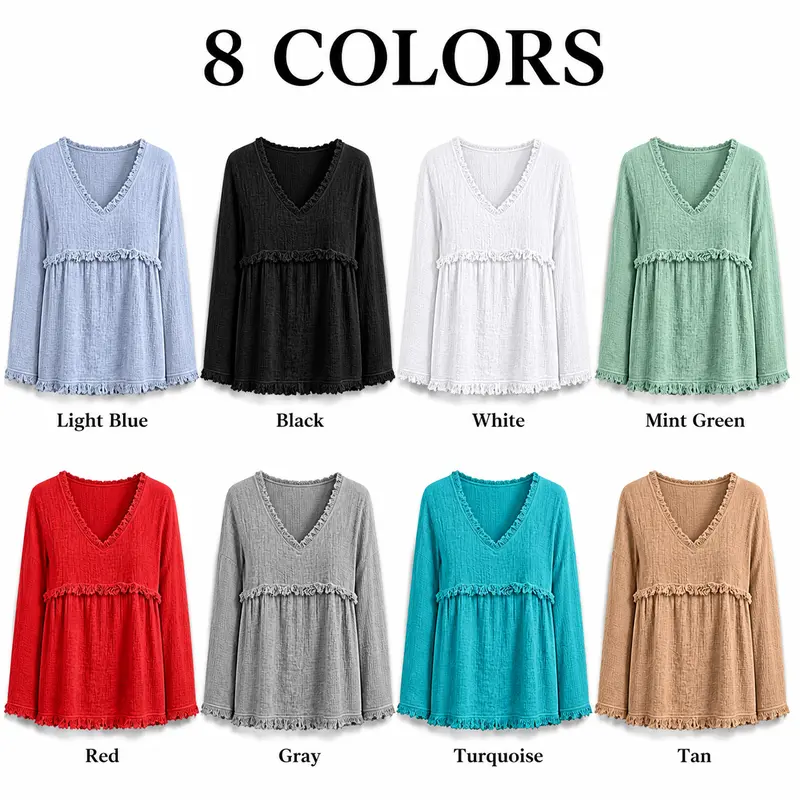 Women's Bohemian V-Neck Long-Sleeve Tassel Top