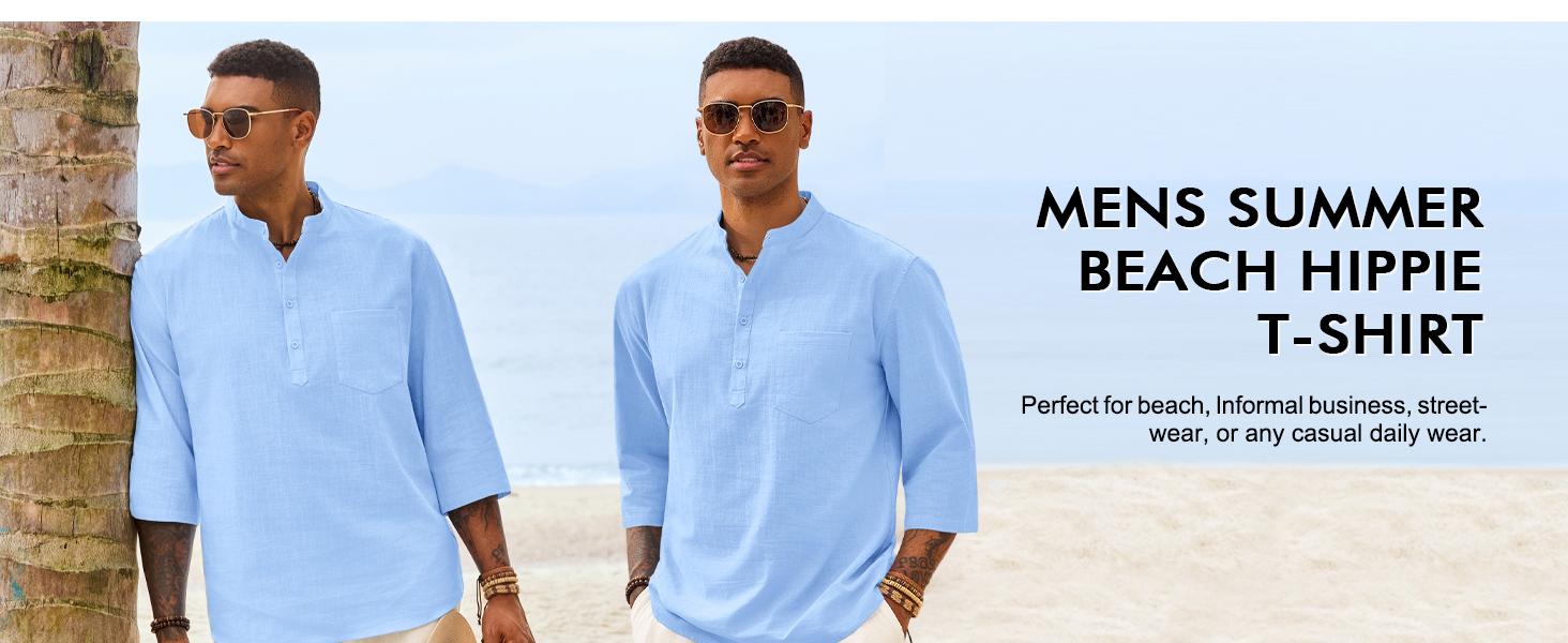Runcati Mens Casual Henley Shirts 3/4 Sleeve Band Collar Cotton Linen Shirt Summer Beach Hippie T-Shirts with Pocket Runcati Mens Casual Henley Shirts 3/4 Sleeve Band Collar Cotton Linen Shirt Summer Beach Hippie T-Shirts with Pocket