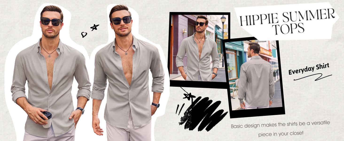 Runcati Men&rsquo;s Button Down Shirt Cotton Linen Casual Long Sleeve Shirts Collared Hippie Beach Tops