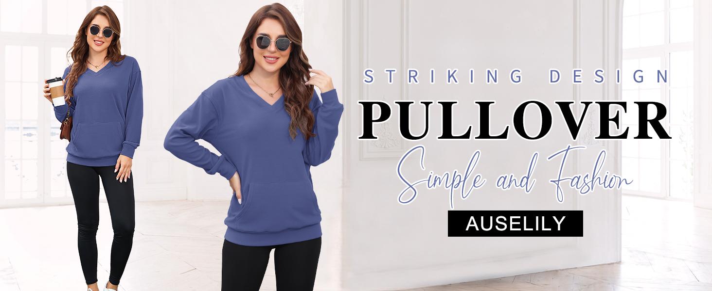 AUSELILY Women's Hoodless V-neck Sweatshirt With Kangaroo Pocket Fleece Longsleeve Oversized Casual Style Shirt AUSELILY Women's Hoodless V-neck Sweatshirt With Kangaroo Pocket Fleece Longsleeve Oversized Casual Style Shirt