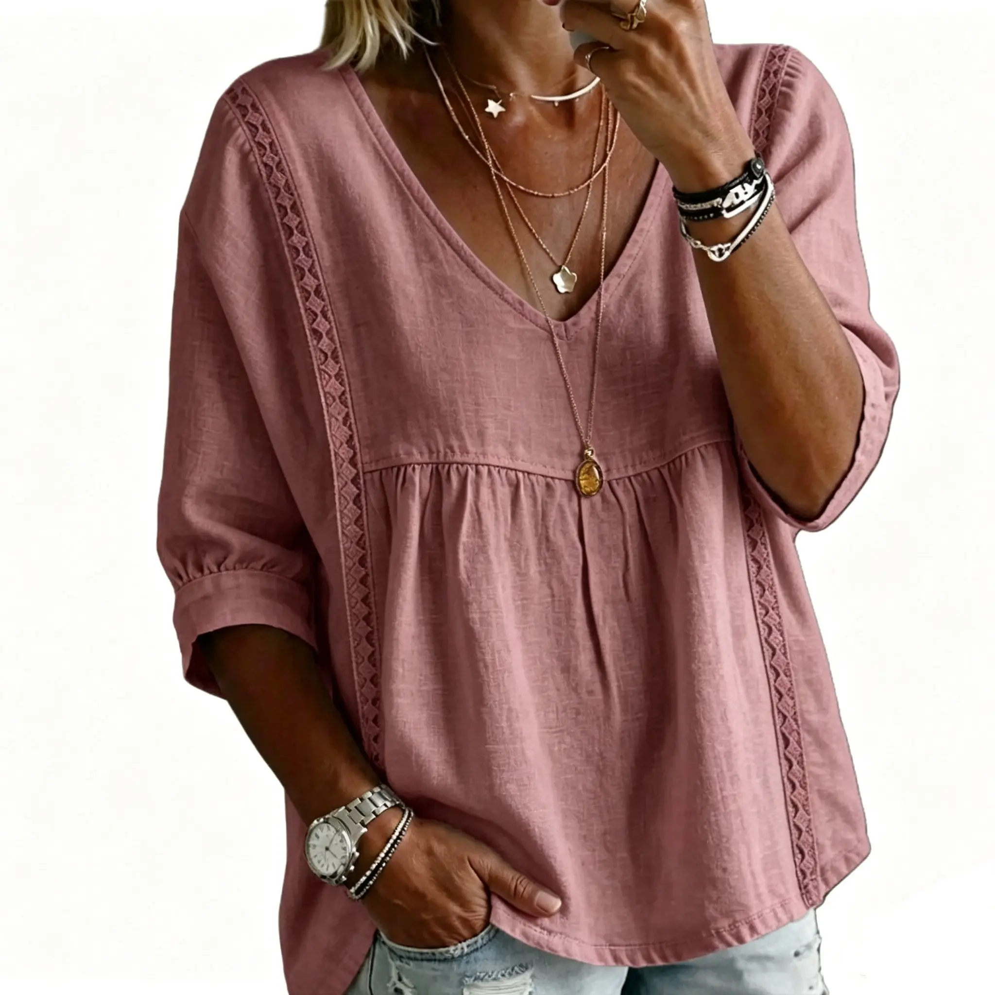 Stylish Loose-Fit V-Neck Lace Women's Top