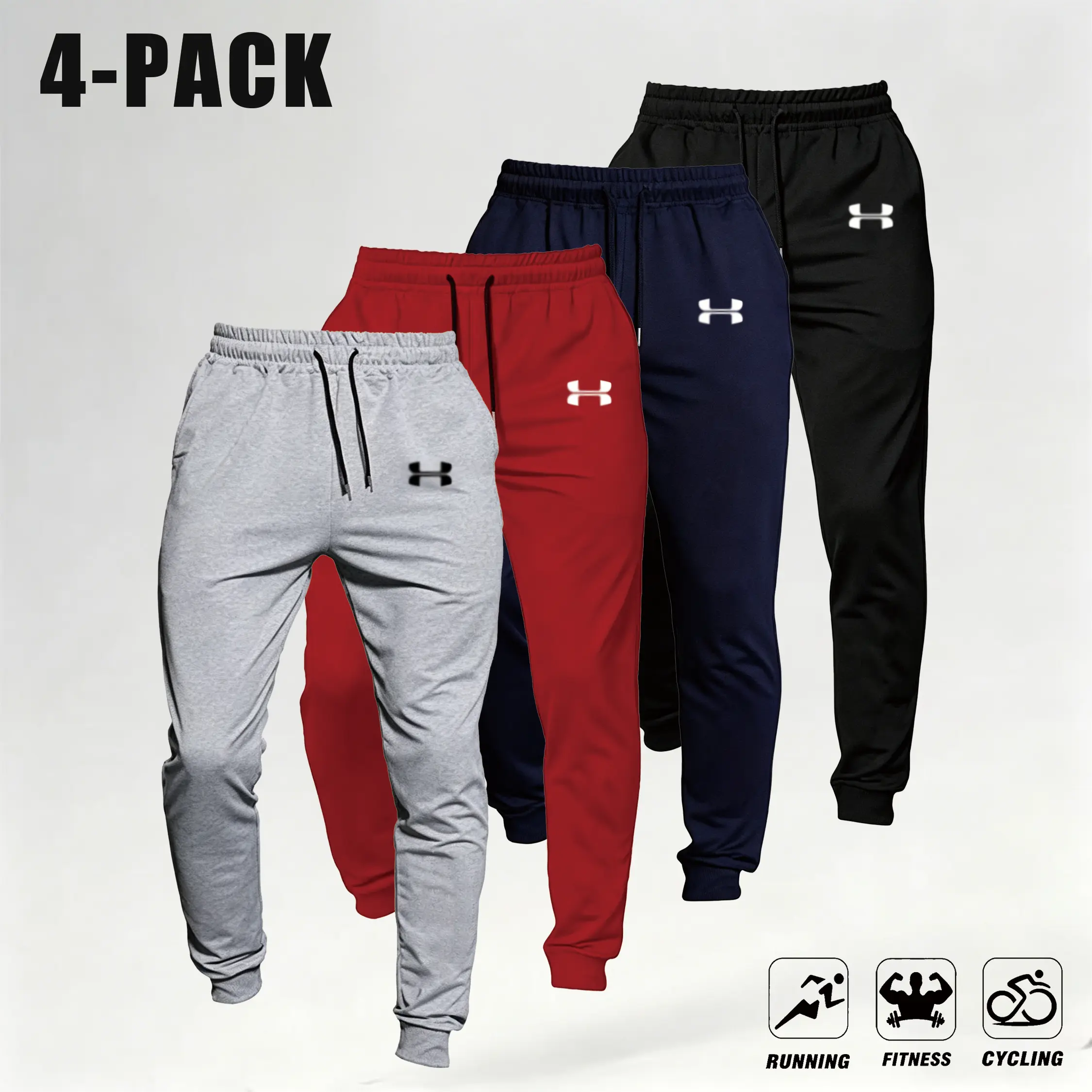 Men&rsquo;s 4-Pack Casual Loose Joggers &mdash; Comfortable Fitness Long Pants with Pockets, Retro Street Style Sportswear, Soft Knit Stretch Fabric, Autumn Workout Base Layer, Barbell Print, Everyday Men&rsquo;s Sweatpants