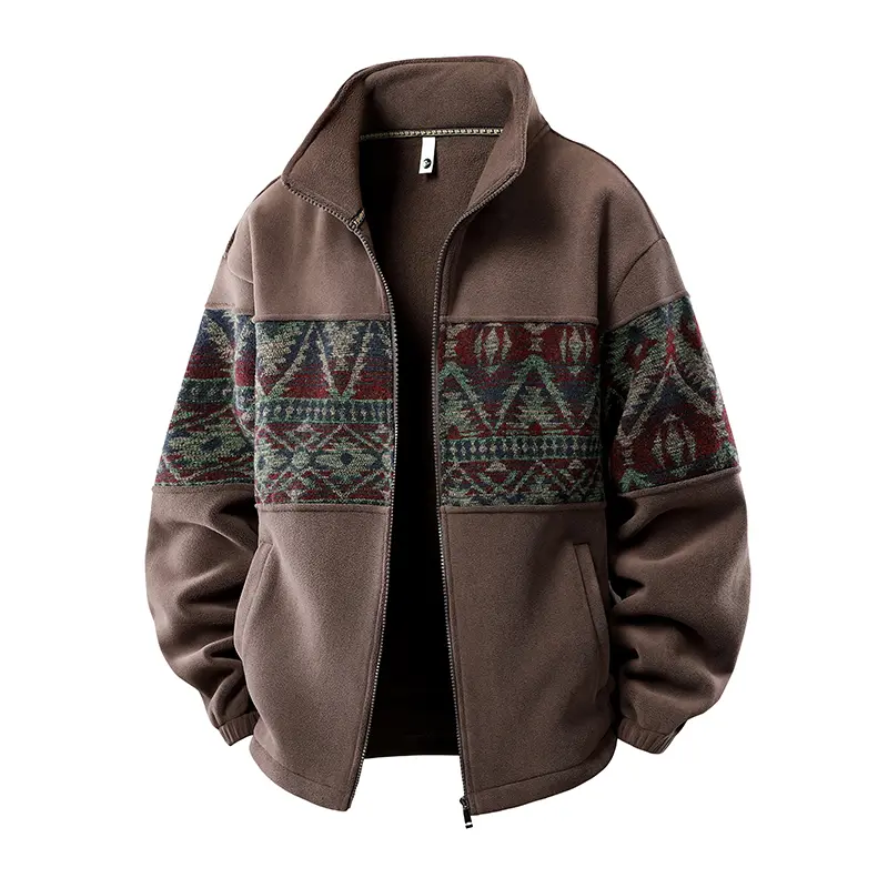 Men's Fleece-Lined Knit Jacket with Ethnic-Style Pattern and Full-Zip Closure
