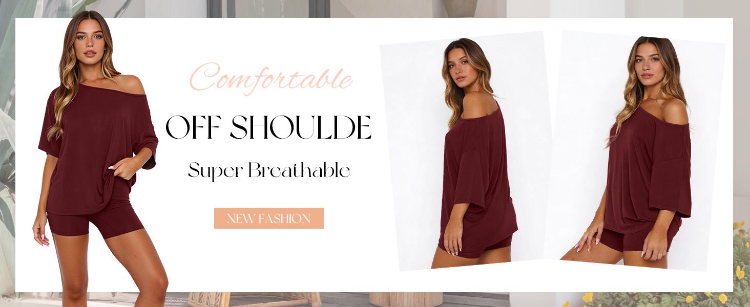 Tanming Women's 2-Piece Casual Loungewear Set - Plus Size Elegant Chic XL Women's Off-Shoulder Oversize Top & Fitted Shorts, Soft Stretchy Spring Apparel for Lounging, Coffee Runs, Work, Curvy Athletic Travel Outfits
