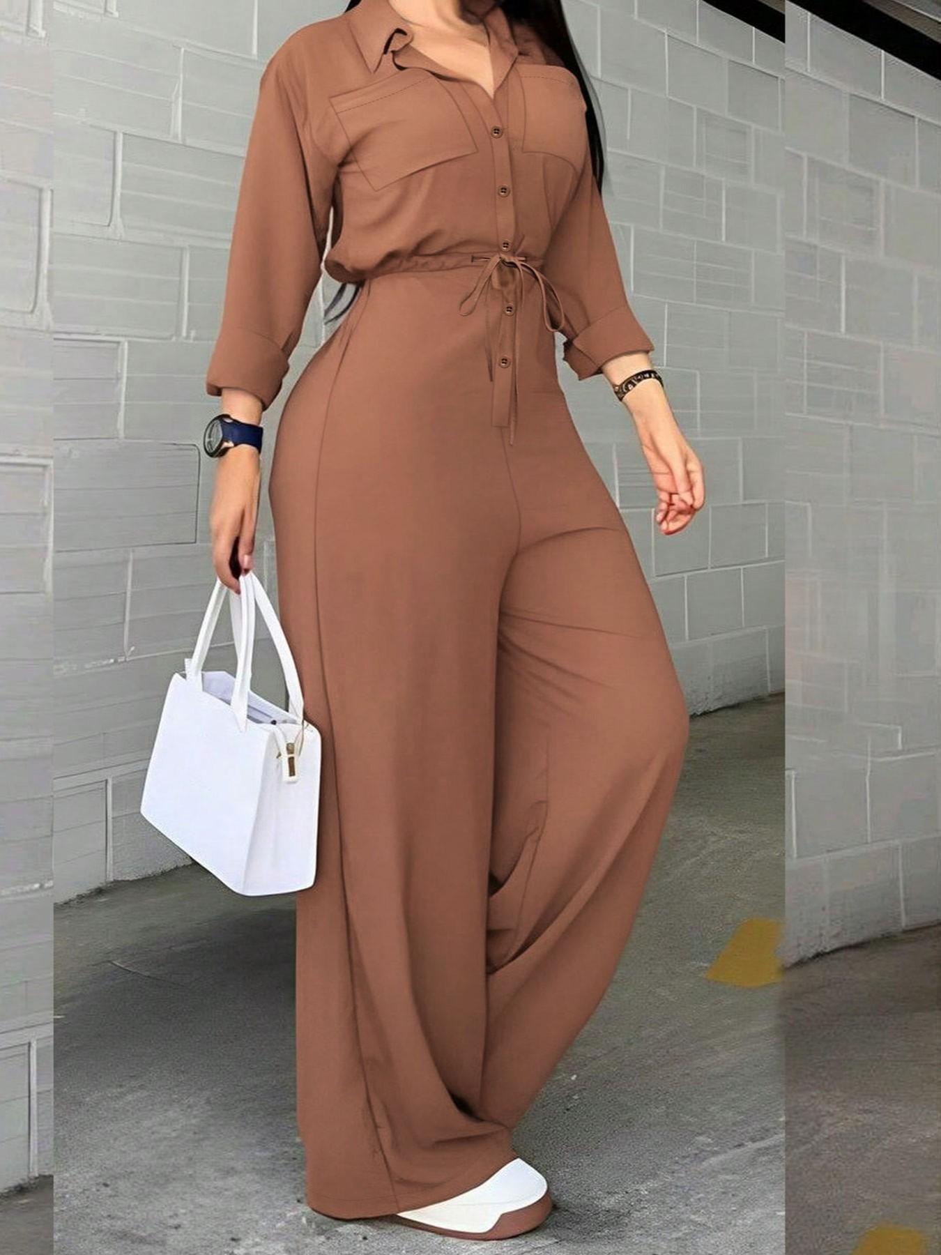 Women's Loose Adjustable Belted Jumpsuit, Casual Shirt-Style Long Sleeve, High Waist for Spring & Fall