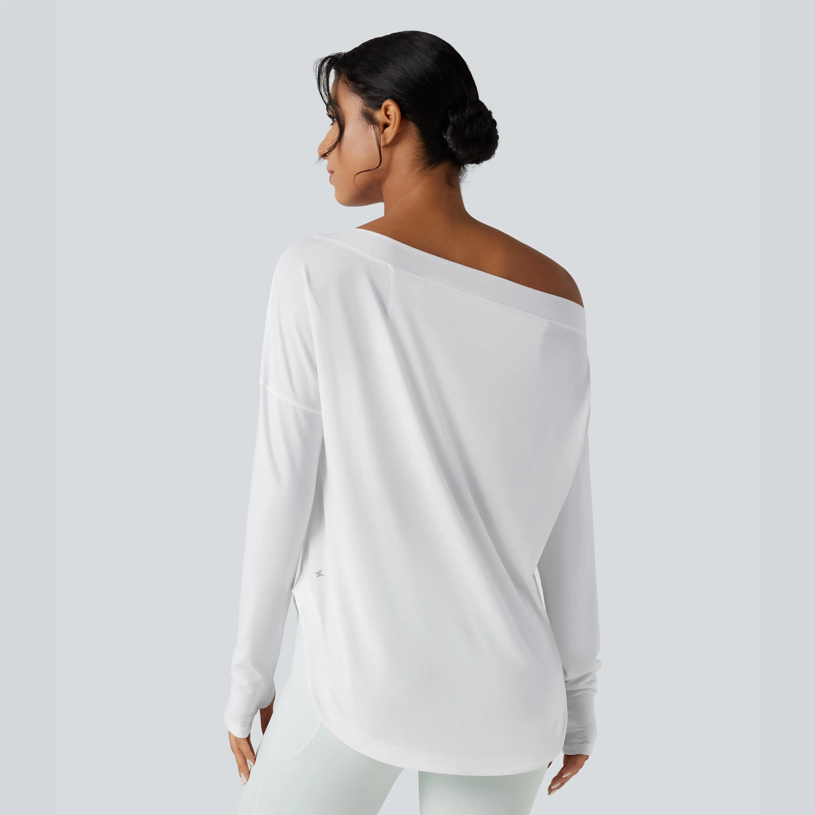Halara One Shoulder Long Sleeve Thumb Hole Curved Hem High Low Quick Dry Yoga Sports Top-Built-in Bra Halara One Shoulder Long Sleeve Thumb Hole Curved Hem High Low Quick Dry Yoga Sports Top-Built-in Bra