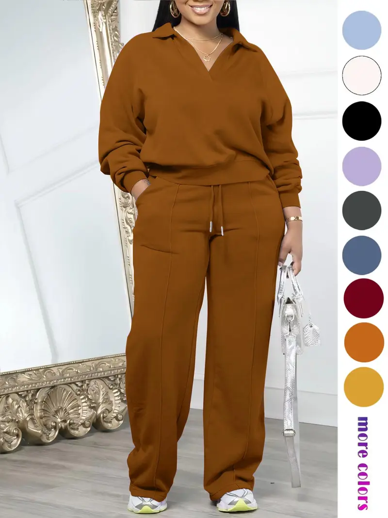 Women's Solid-Color Long-Sleeve Sweatshirt and Drawstring Elastic-Waist Pants Set