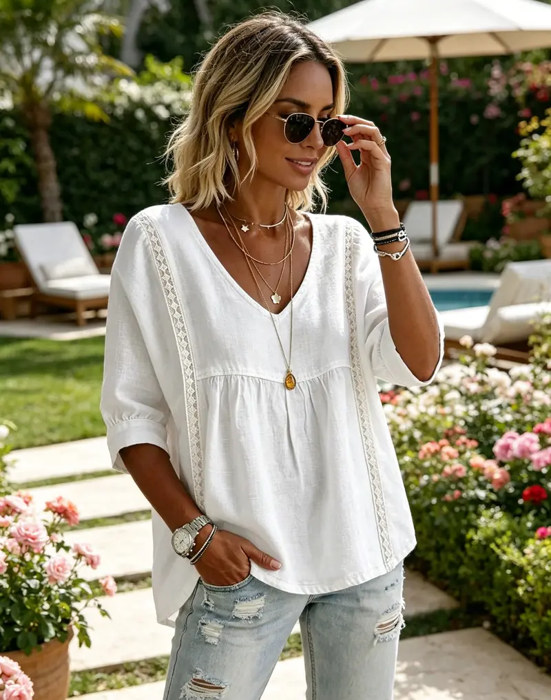 Stylish Loose-Fit V-Neck Lace Women's Top