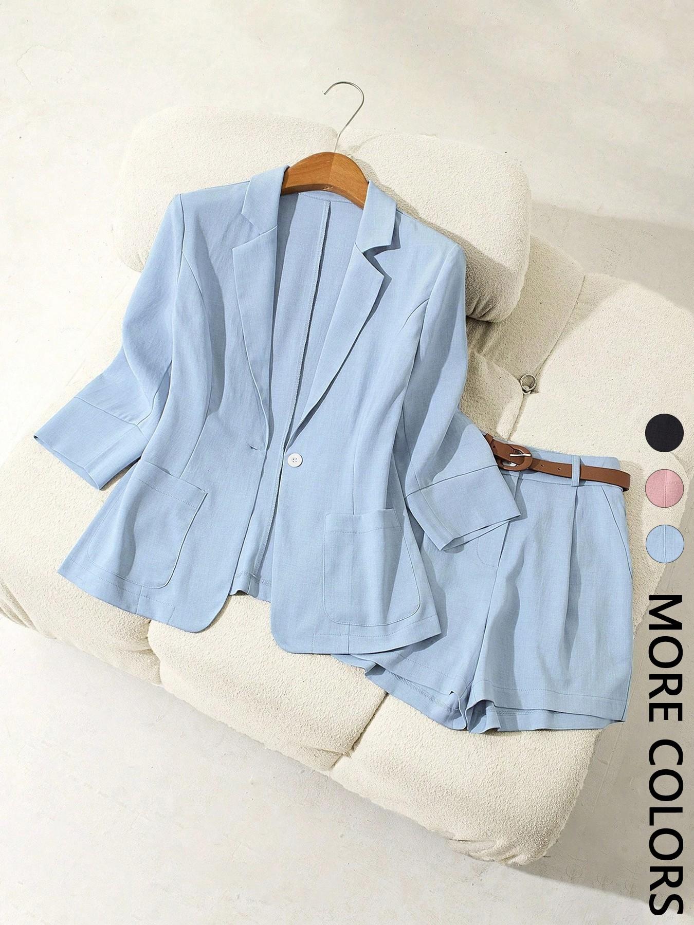 Women's Commuter Office Style Basic Suit with Pockets, 2-Piece Set V-Neck Jacket and Short Pants Set, Essential Womenswear for Work/Travel, Business Casual Suits Women's Commuter Office Style Basic Suit with Pockets, 2-Piece Set V-Neck Jacket and Short Pants Set, Essential Womenswear for Work/Travel, Business Casual Suits