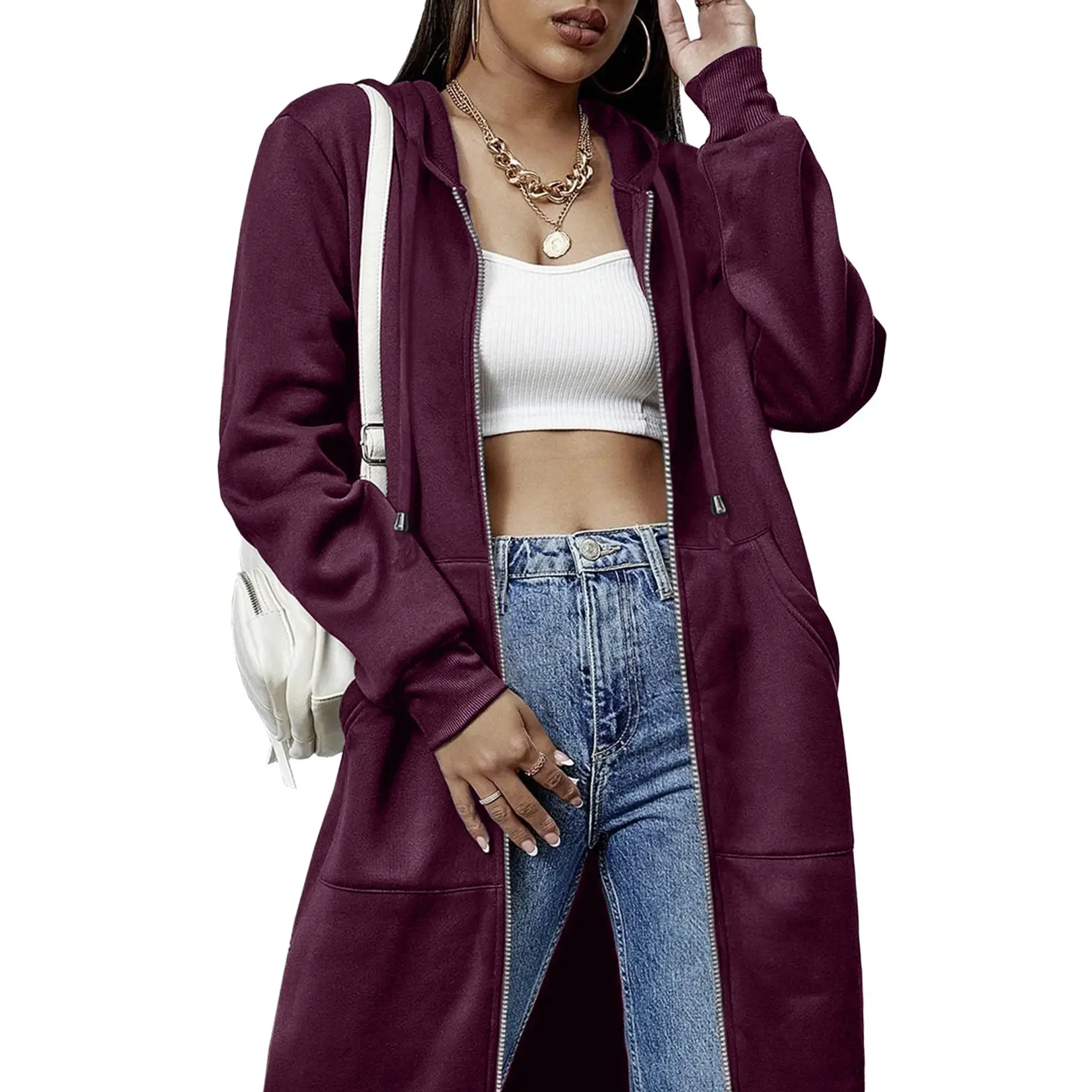 Women's Casual Long-Length Zip-Up Fleece Hoodie/Jacket