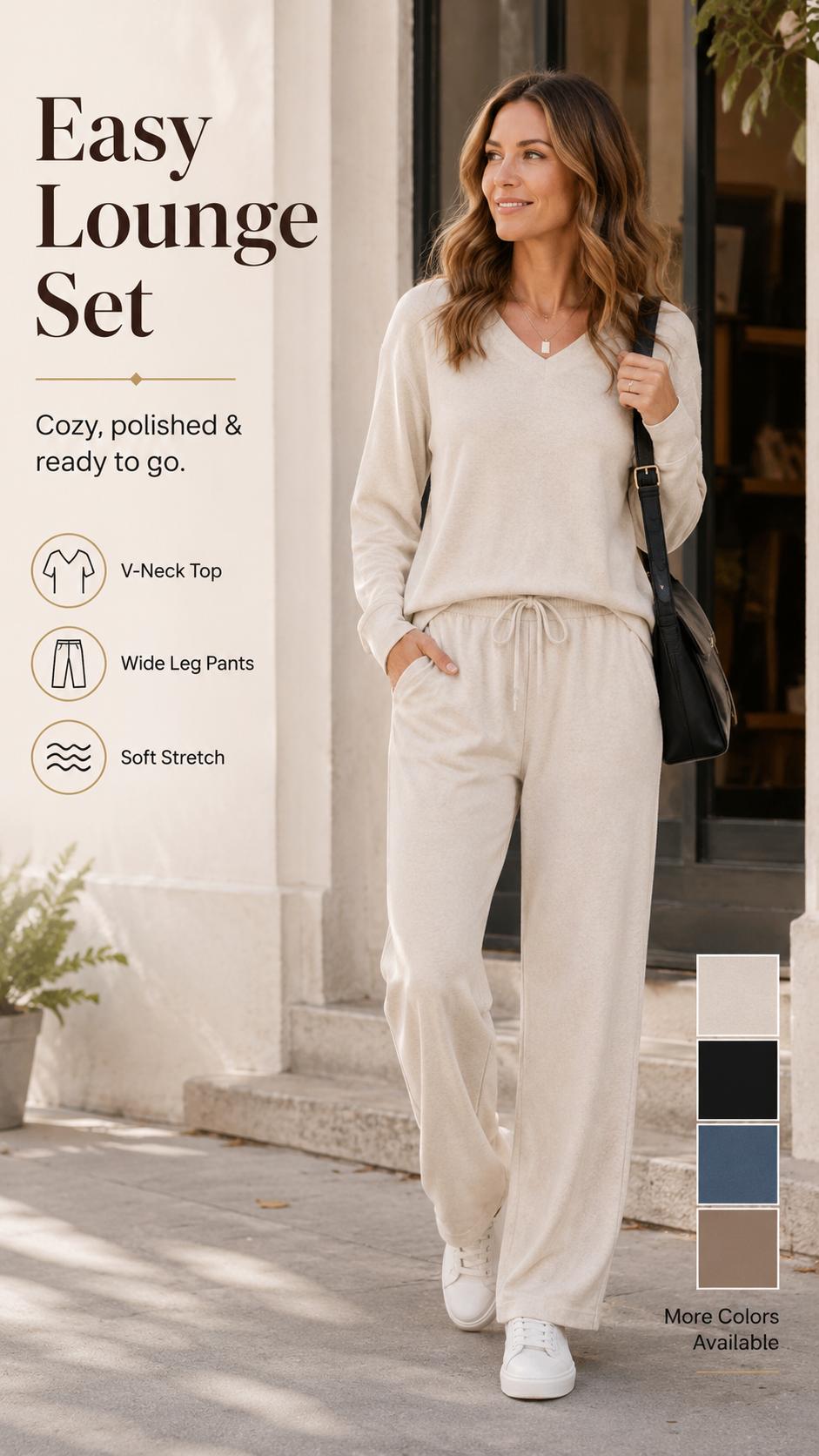 WIHOLL Lounge Sets for Women 2026 V Neck 2 Piece Outfits Airport Wide Leg Pants Matching Set Sweatsuits, Lady, Casual, Pajama Set, Comfy Sets