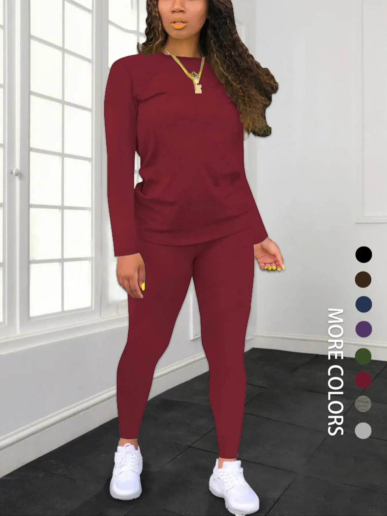 Women's Solid Basic Fitted Long Sleeve Tee & Elastic Waist Pants Set, Casual Round Neck Top & Trousers for Spring & Fall, Women's Clothing for Daily Wear, Womenswear Women's Solid Basic Fitted Long Sleeve Tee & Elastic Waist Pants Set, Casual Round Neck Top & Trousers for Spring & Fall, Women's Clothing for Daily Wear, Womenswear