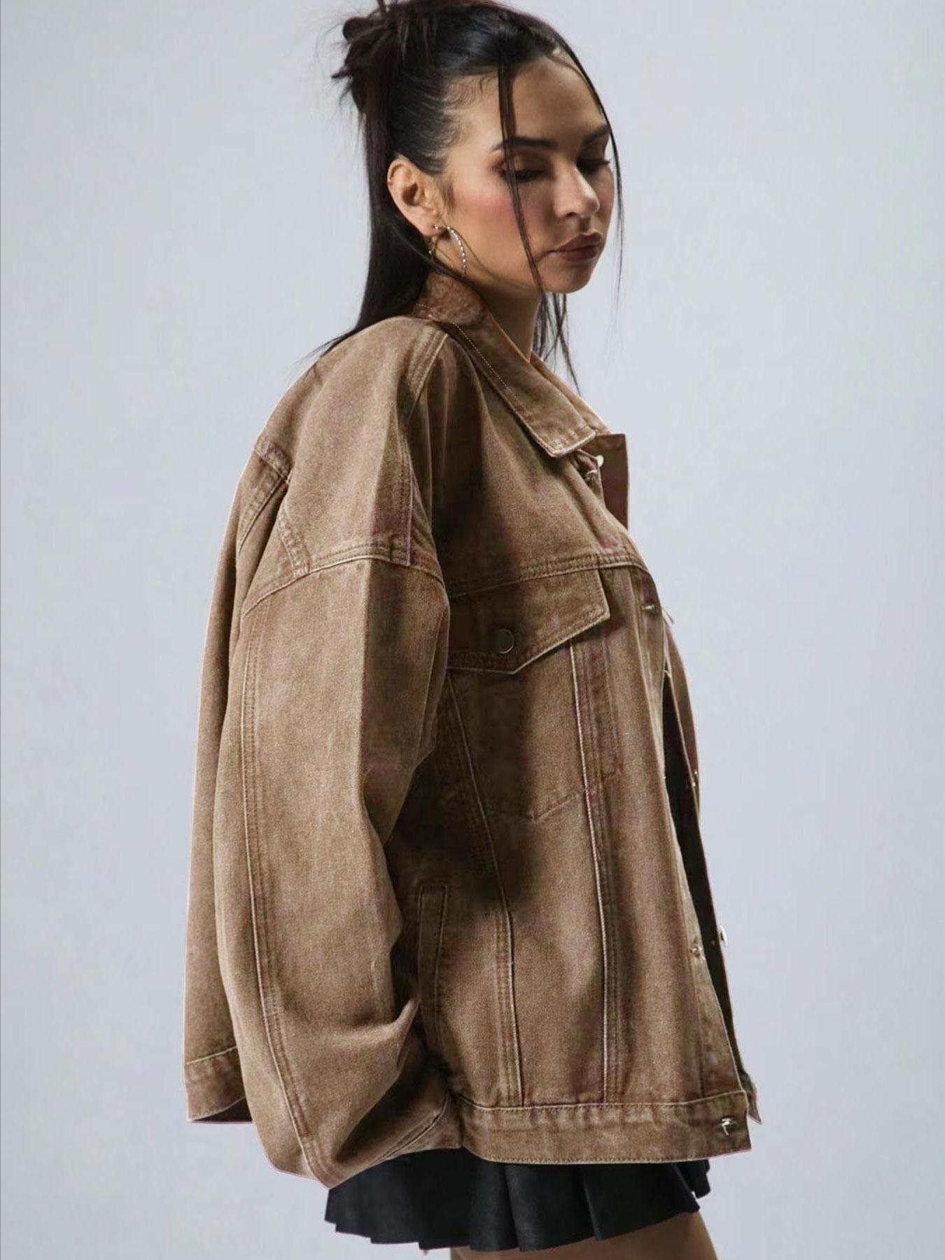 Women's Plain Button-Front Drop-Shoulder Fitted Denim Jacket Coats, Casual Long-Sleeve Collared Pocket Outerwear for Daily Wear, Aesthetic Womenswear Women's Plain Button-Front Drop-Shoulder Fitted Denim Jacket Coats, Casual Long-Sleeve Collared Pocket Outerwear for Daily Wear, Aesthetic Womenswear