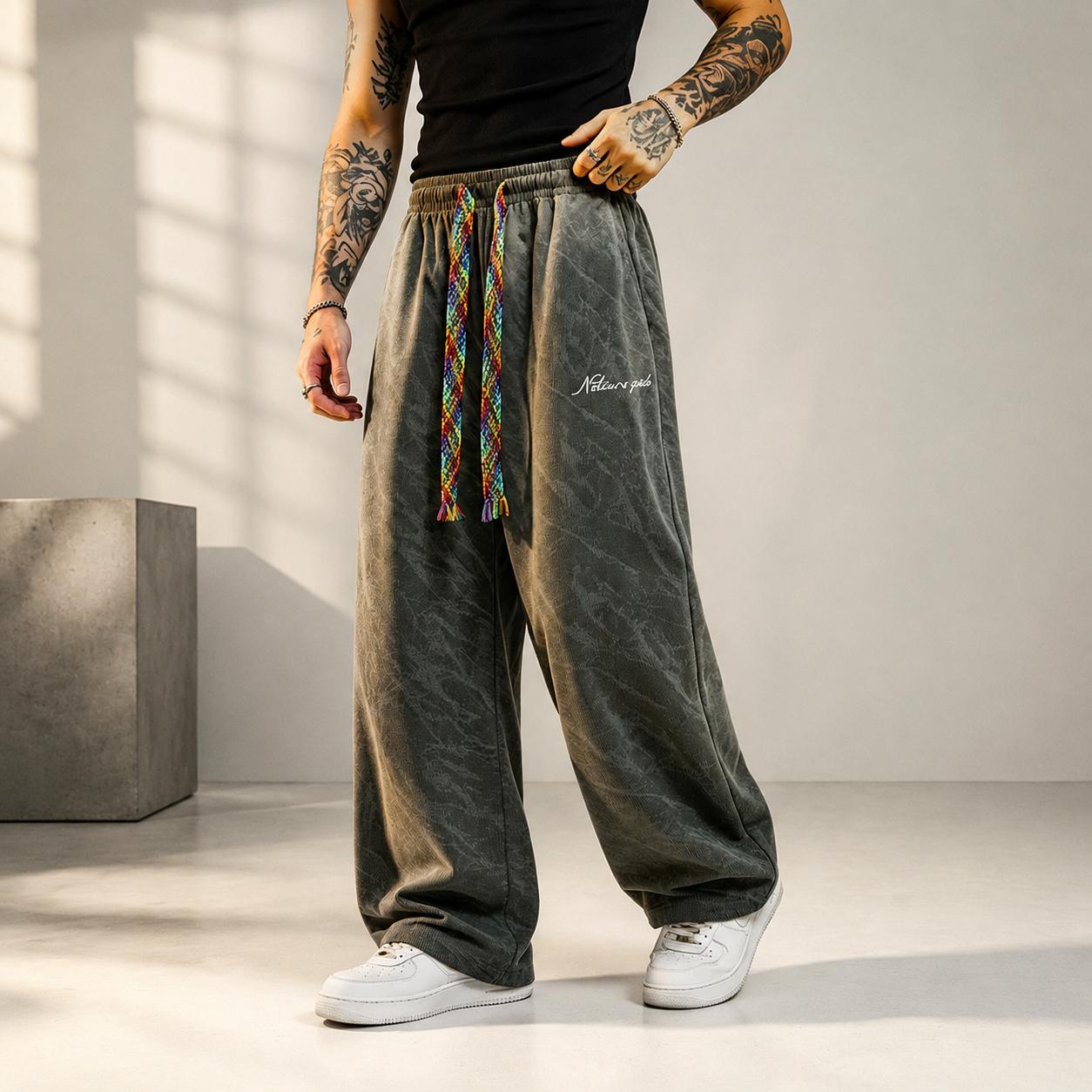 Unisex wide-leg athletic pants with marble texture, street-style running/basketball long pants featuring multicolor drawstrings and embroidered logo, summer edition Unisex wide-leg athletic pants with marble texture, street-style running/basketball long pants featuring multicolor drawstrings and embroidered logo, summer edition