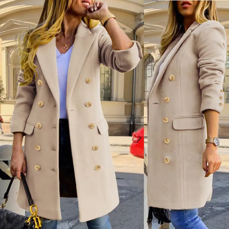 Women's Slim-Fit Double-Breasted Wool-Blend Mid-Length Coat