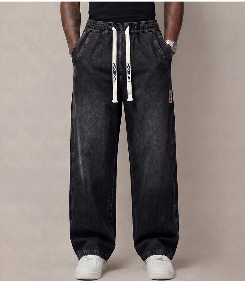 Men&rsquo;s jeans made from stretchy cotton&mdash;comfortable and stylish. Loose fit for everyday wear; long pants with a drawstring elastic waistband design for men.