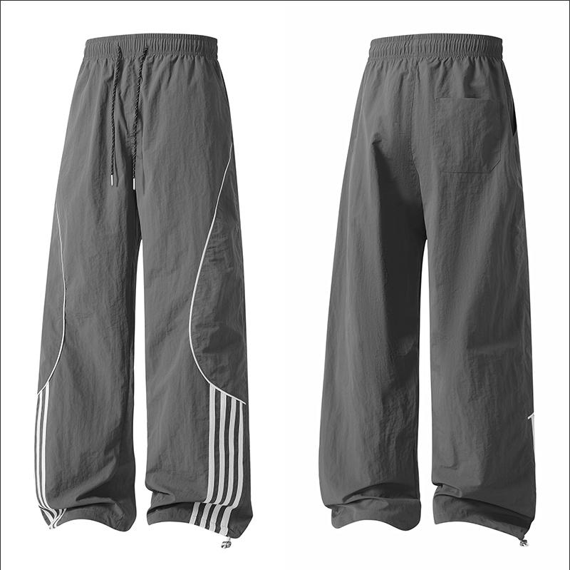 Men's Loose-Fit Wide-Leg Nylon Casual Pants - Printed Graphical Stripes, Drawstring Elastic Waist, Utility Pockets, Cool Breathable, All-Season Streetwear Clothing for Everyday Wear, Basketball, Wide-Leg Trousers