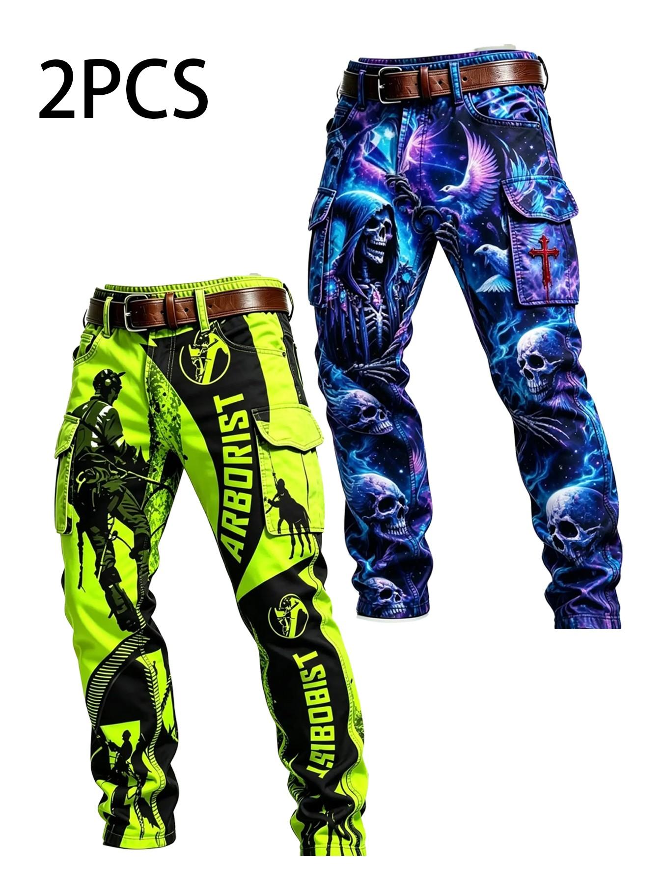 Patchwork High Visibility Full Print Cargo Pants, Emergency Rescue Workwear, Multi-Pocket Casual Long Pants, Man