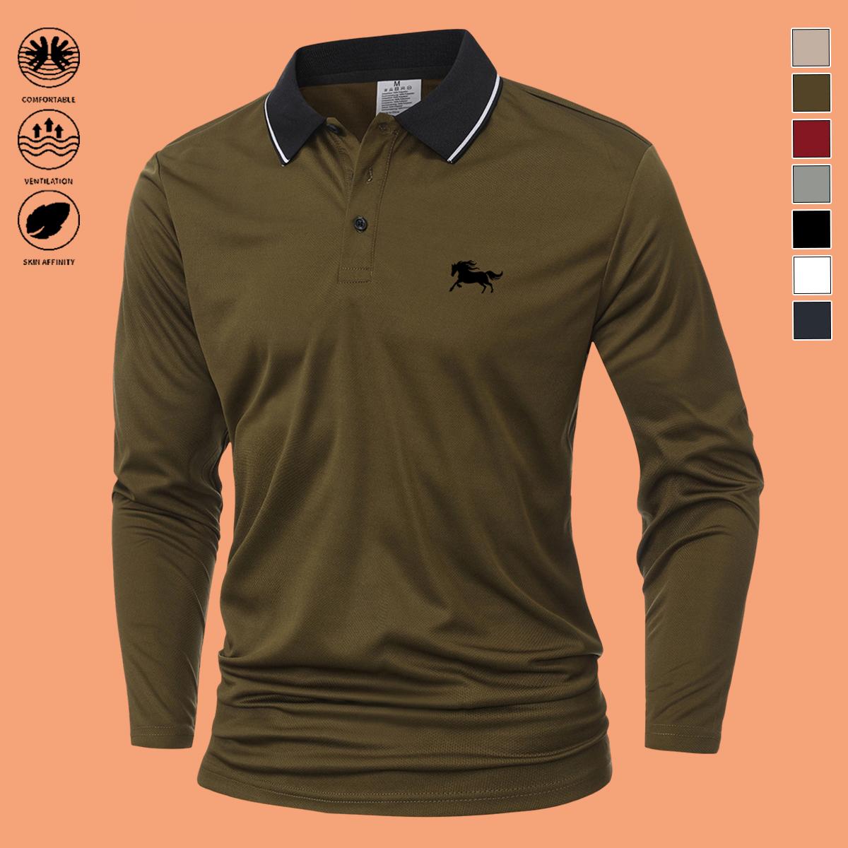 Men's 7-Pack Polyester Polo Shirts - Casual Long-Sleeve Clothes with Small Chest Horse Print, Contrasting Turn-Down Collar, for Spring/Autumn Golf & Outdoor Activities Men's 7-Pack Polyester Polo Shirts - Casual Long-Sleeve Clothes with Small Chest Horse Print, Contrasting Turn-Down Collar, for Spring/Autumn Golf & Outdoor Activities