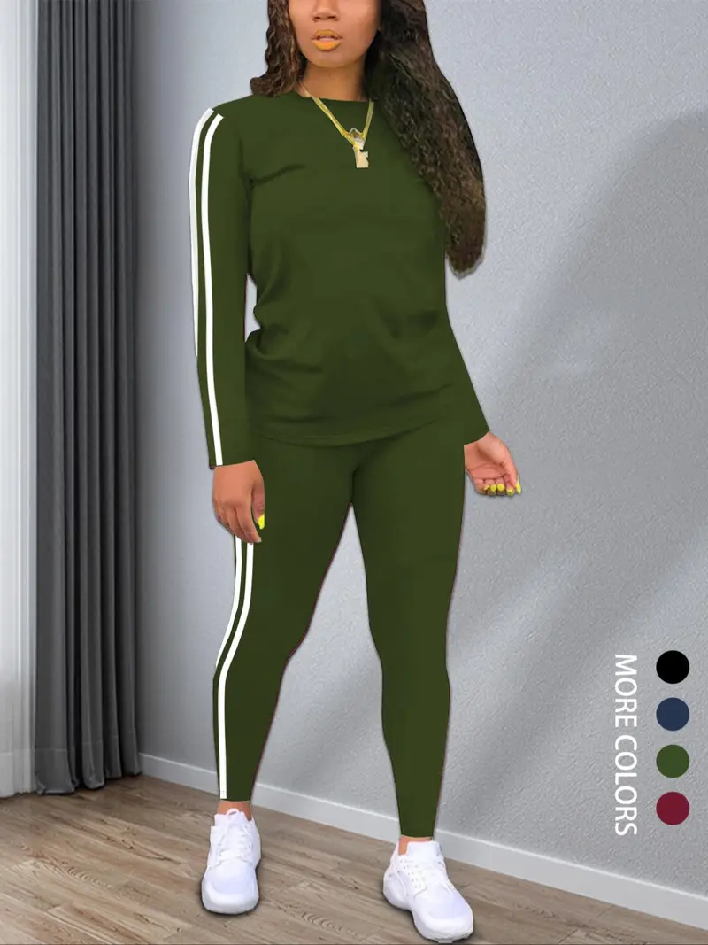 Women's Striped Print Slim-Fit Long-Sleeve Knit Top and Pants Two-Piece Set