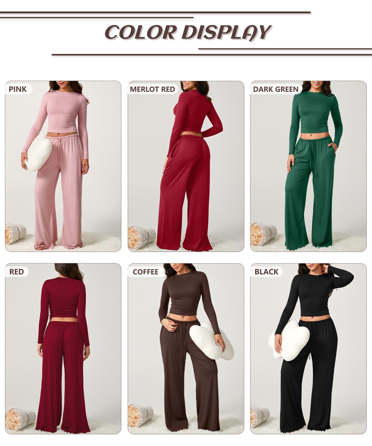 TIMEOFF Women's 2-Piece Fashion Set, Solid Brand Clothing with a Flattering Sculpting Long Sleeve Crop Top and Wide-Leg Yoga Pants, Women's Fashion, Tops For Women