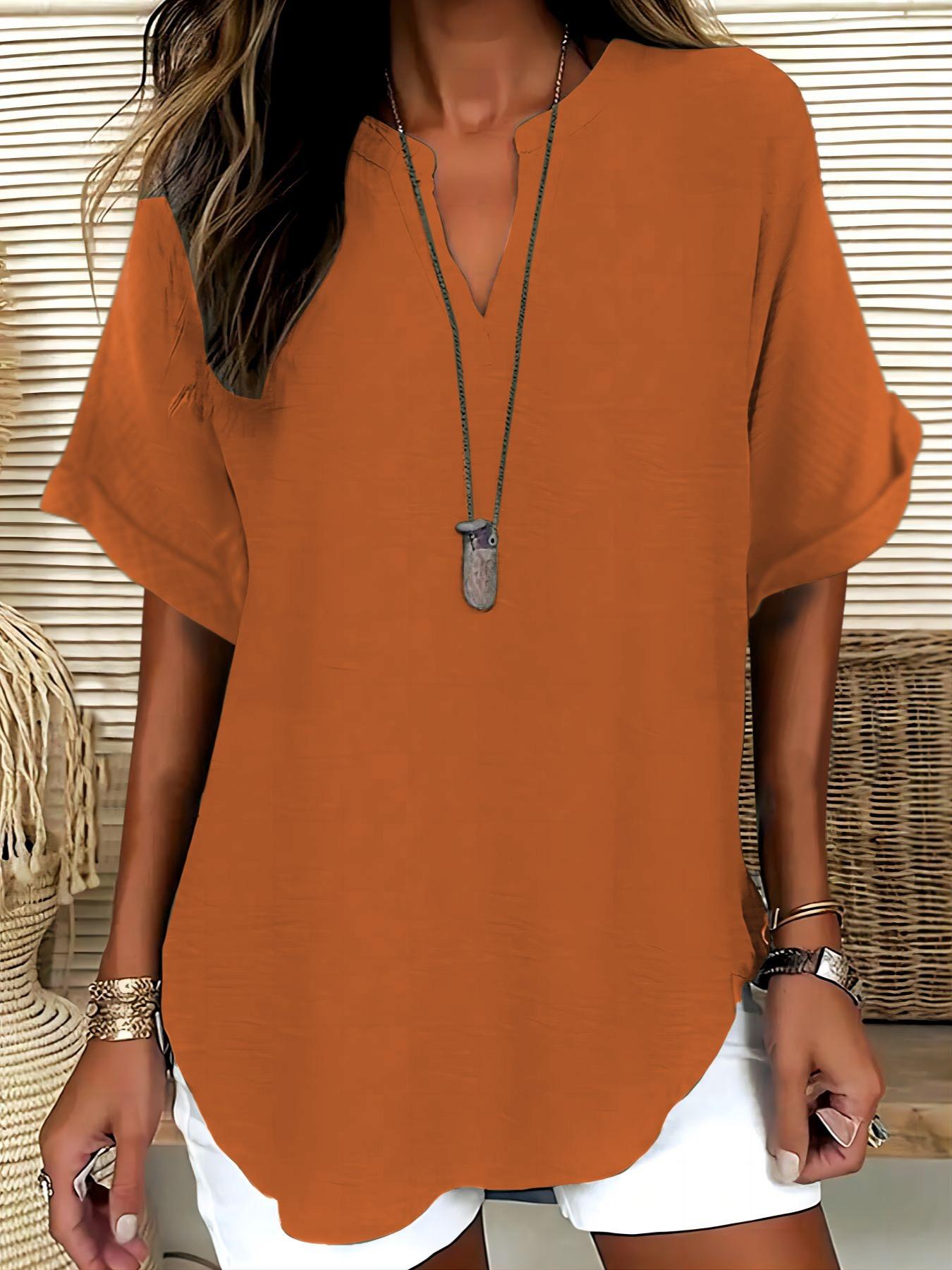 Elegant Minimalist Polyester V Neck Loose Fit Short Sleeve Blouse Shirt for Women, 100% Polyester, Regular Length, 145g/m², Casual Everyday Weekend Top Womenswear Elegant Minimalist Polyester V Neck Loose Fit Short Sleeve Blouse Shirt for Women, 100% Polyester, Regular Length, 145g/m², Casual Everyday Weekend Top Womenswear