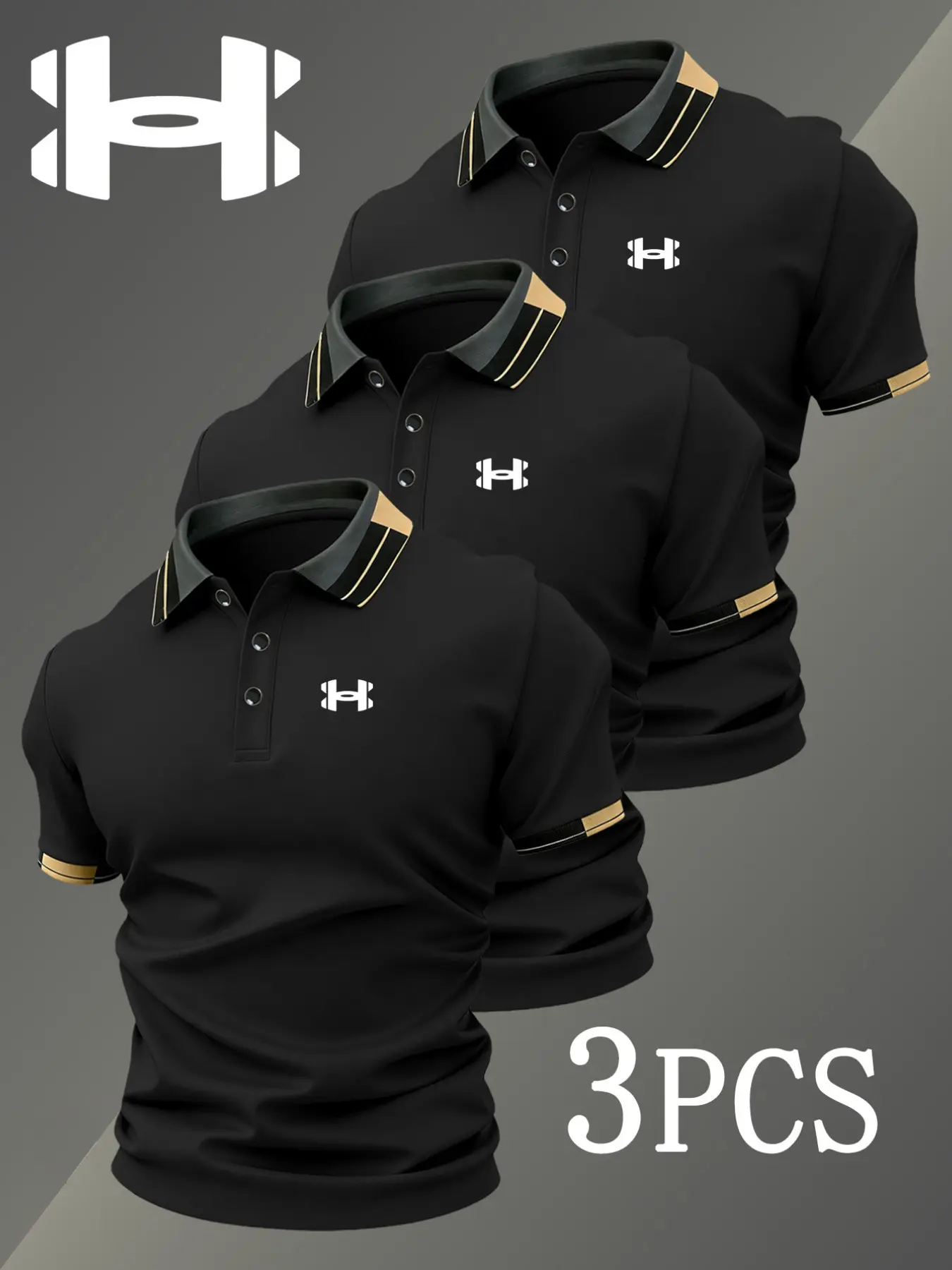 Men's Golf Polo Shirts Set with Logo Print and Geometric Pattern