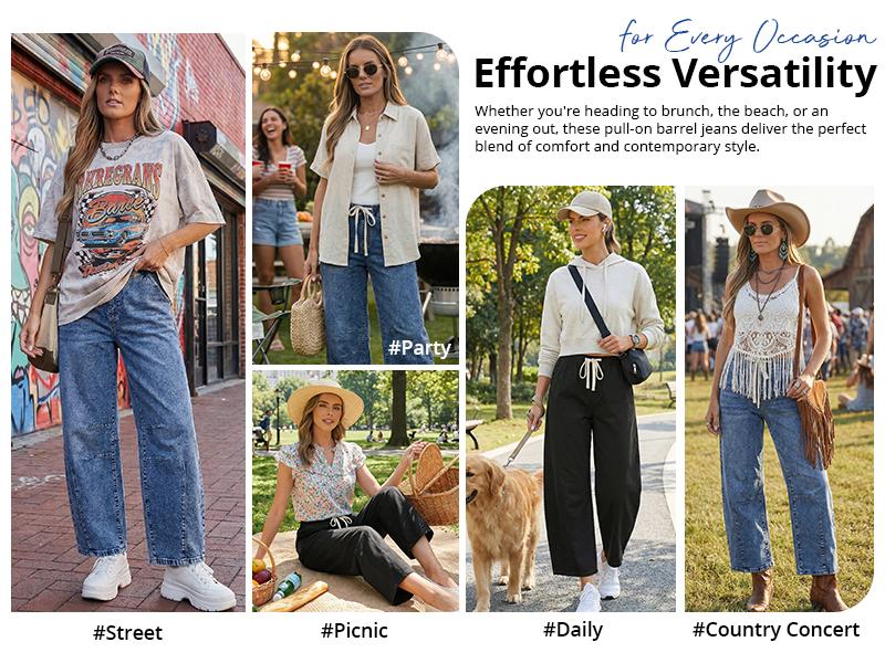 GRAPENT Women's Barrel Jeans, High-Rise Elastic Waist Cropped Wide Leg Jeans, Cotton Flex Magic Stretch Denim Pants for Daily Chill Wear, Cropped Flare Jeans,summerwins,summeroutfits,vacationoutfits,beachoutfits,back to school shopping backtoschool