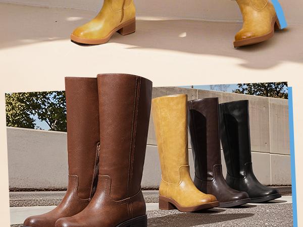 DREAM PAIRS Womens Knee High Boots Square Toe Platform Chunky Block Heel Banana Campus Boots for Women Comfortable Low Heel Side Zipper Womens Riding Tall Boots