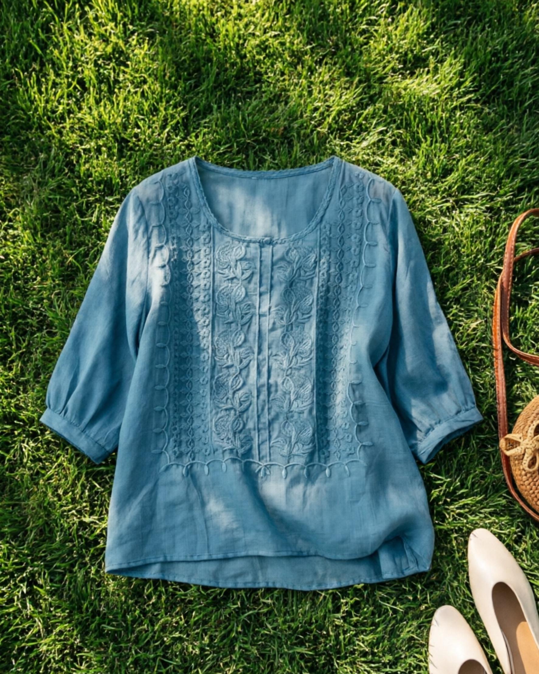 Women's Casual Vintage Blouse, Lightweight Summer Top with Intricate Embroidery, Breathable Cotton-Linen Blend, Loose Fit, Round Neck, Mid-Length Sleeves Women's Casual Vintage Blouse, Lightweight Summer Top with Intricate Embroidery, Breathable Cotton-Linen Blend, Loose Fit, Round Neck, Mid-Length Sleeves