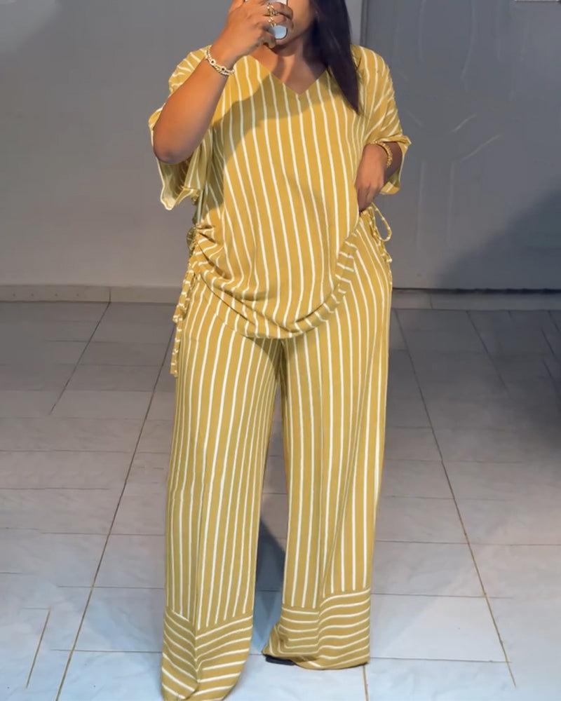 Summer new striped loose fashion casual women's V-neck thin and drape wide-leg pants suit Summer new striped loose fashion casual women's V-neck thin and drape wide-leg pants suit