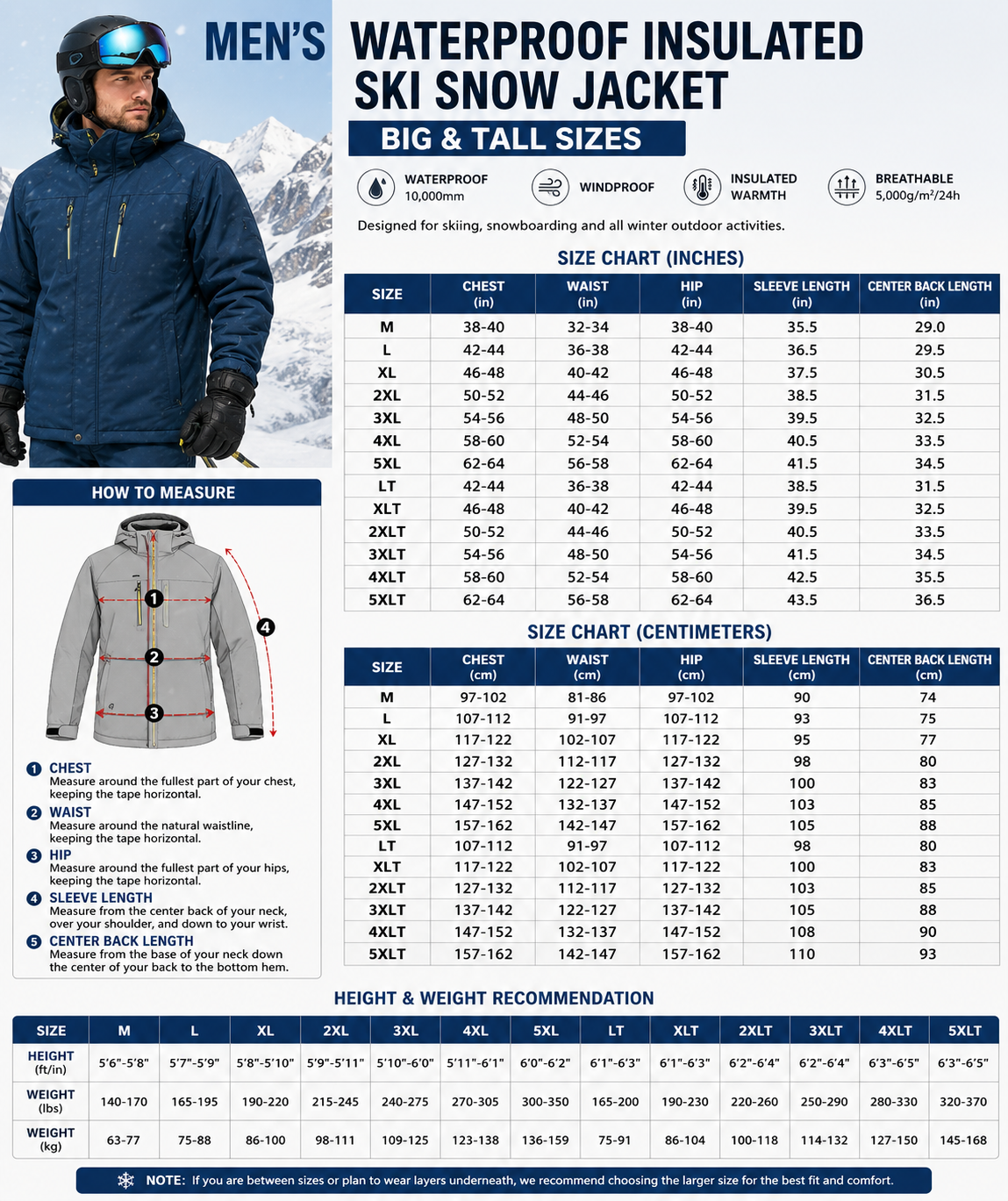 Men's Waterproof Insulated Ski Snow Jacket Big & Tall Sizes