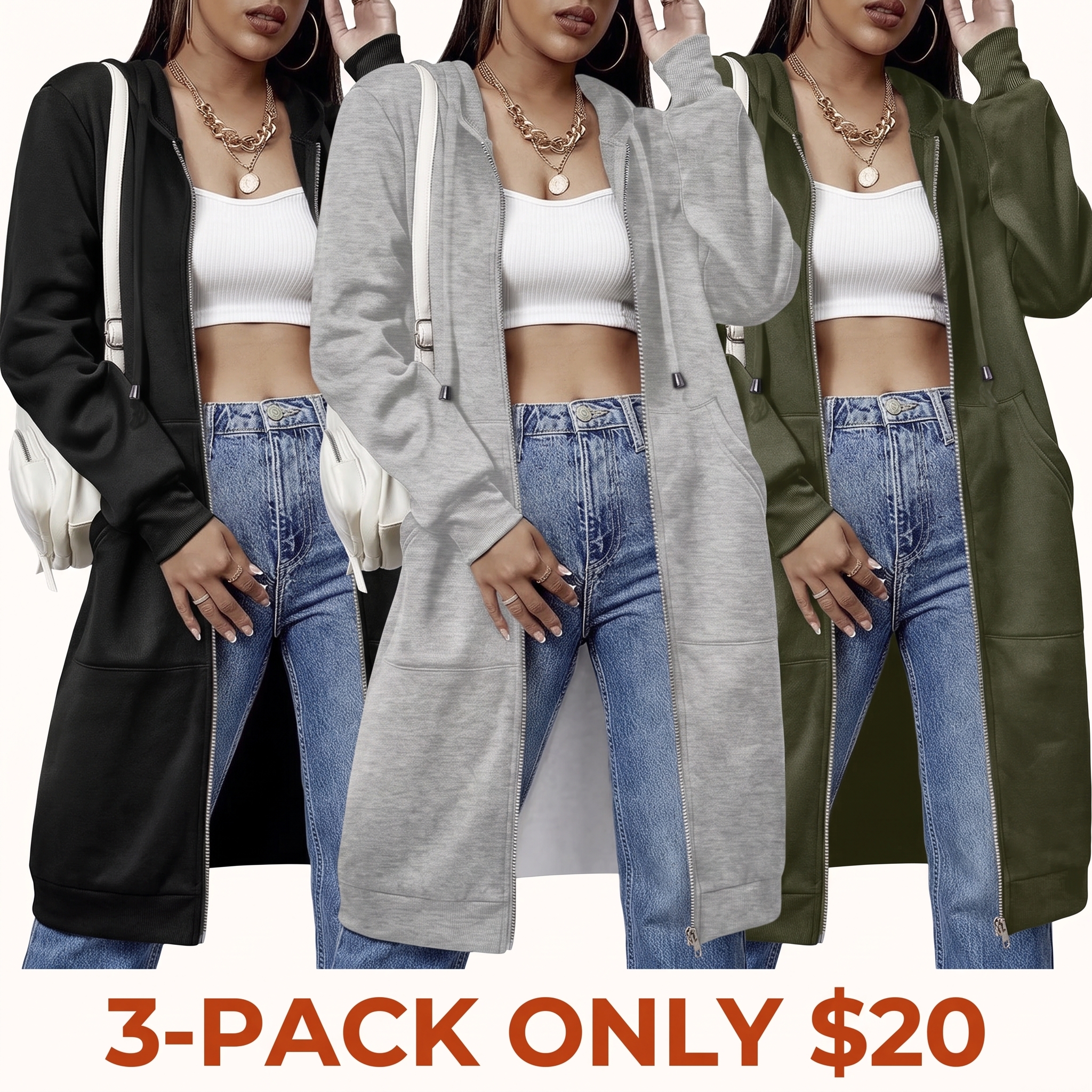 Women's Casual Long-Length Zip-Up Fleece Hoodie/Jacket