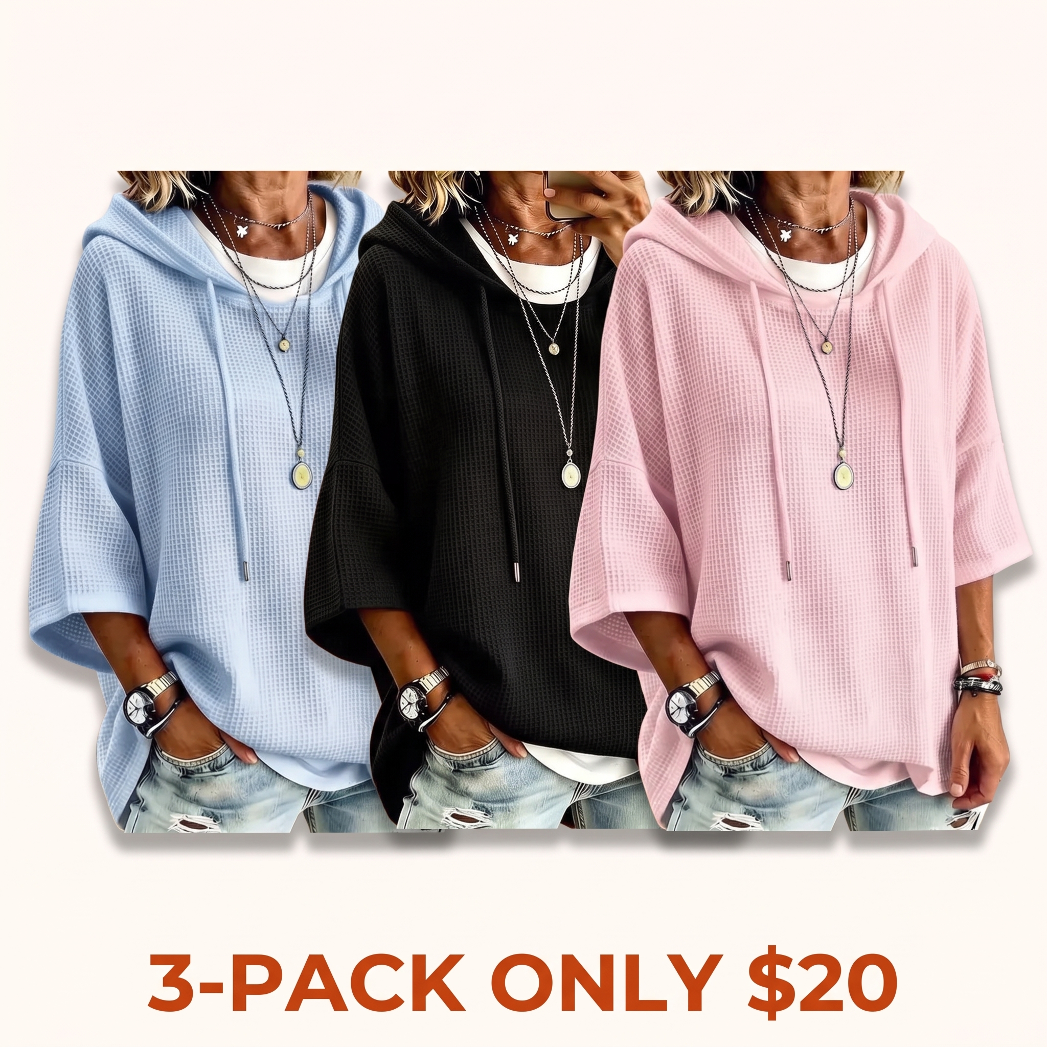 Women’s Drawstring Hooded Waffle Knit Short Sleeve Sweater