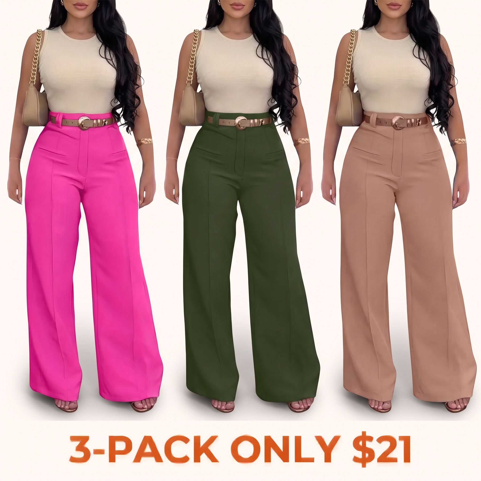 Women's Solid-Color Wide-Leg Stretch Knit Pants with Pockets