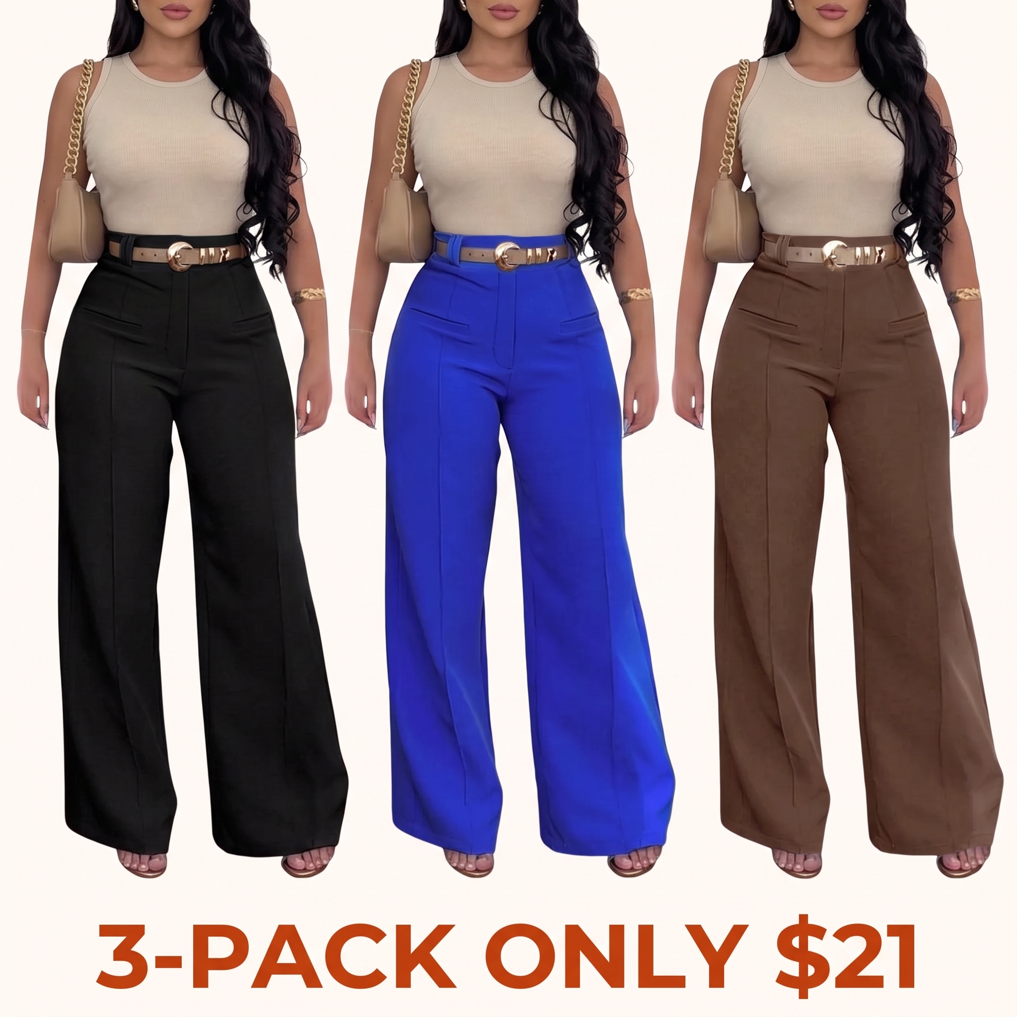 Women's Solid-Color Wide-Leg Stretch Knit Pants with Pockets
