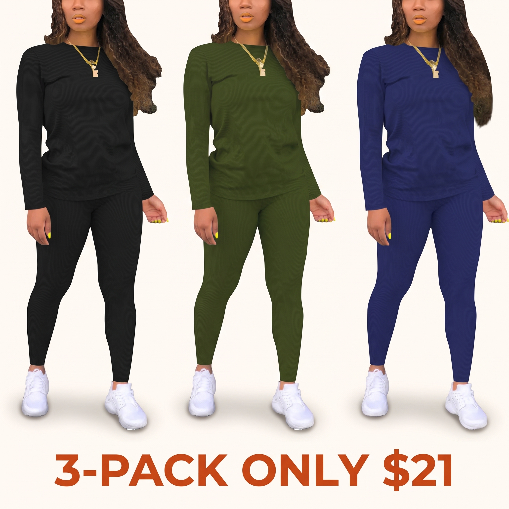 Women's Solid-Color Slim-Fit Long-Sleeve T-Shirt and Elastic-Waist Pants Set