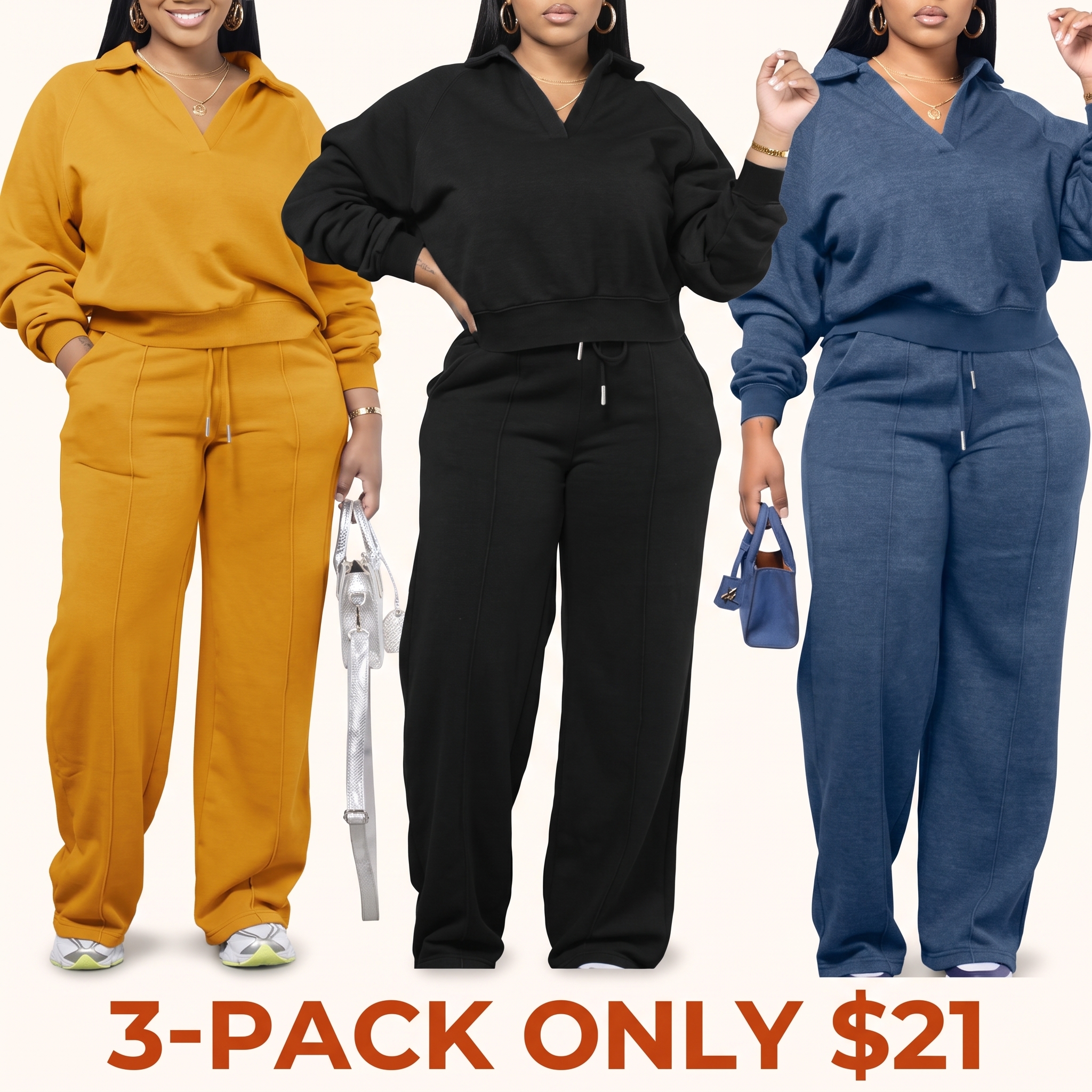Women's Solid-Color Long-Sleeve Sweatshirt and Drawstring Elastic-Waist Pants Set
