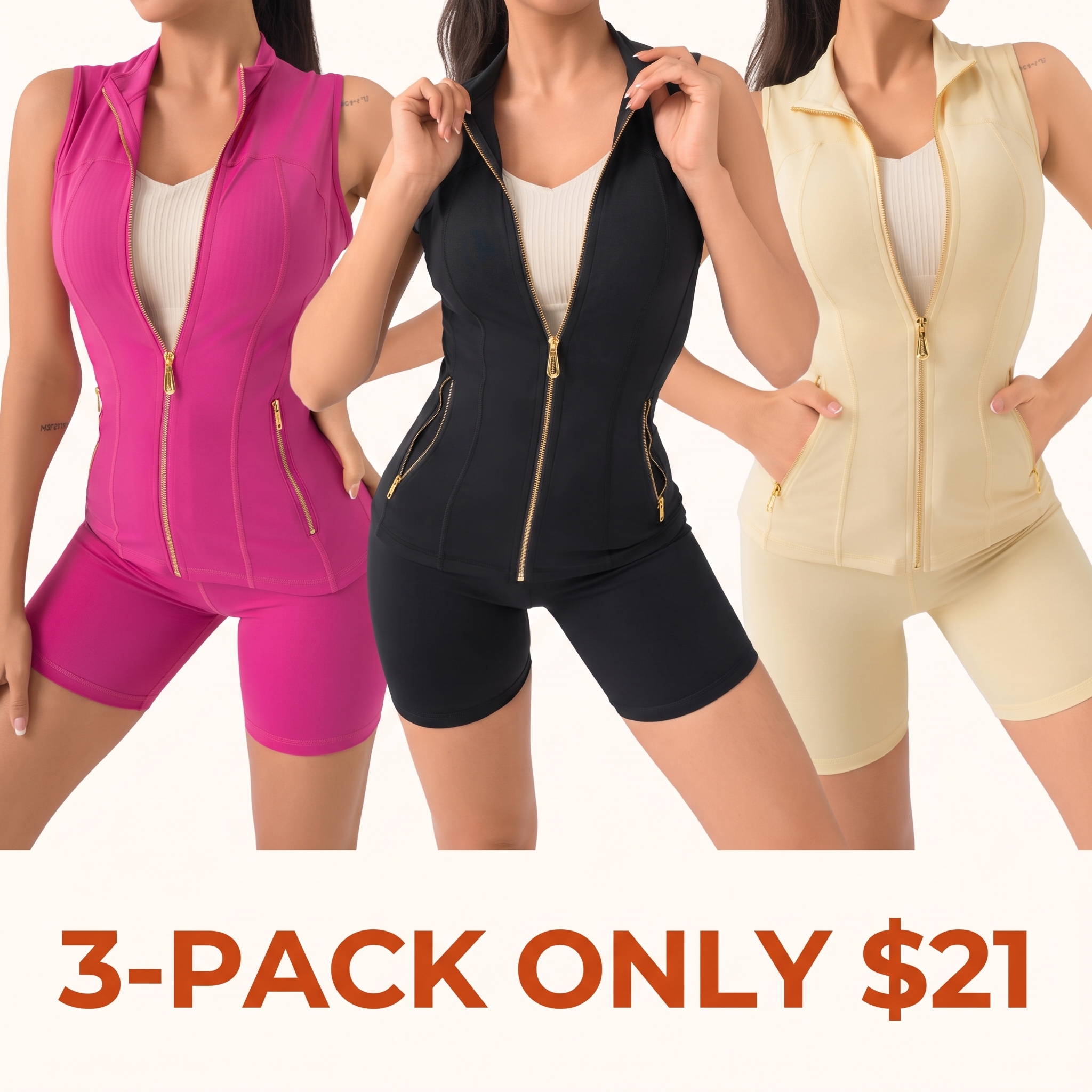 Women's Minimalist Gold-Zip Vest and Slim-Fit Knee-Length Shorts Two-Piece Set