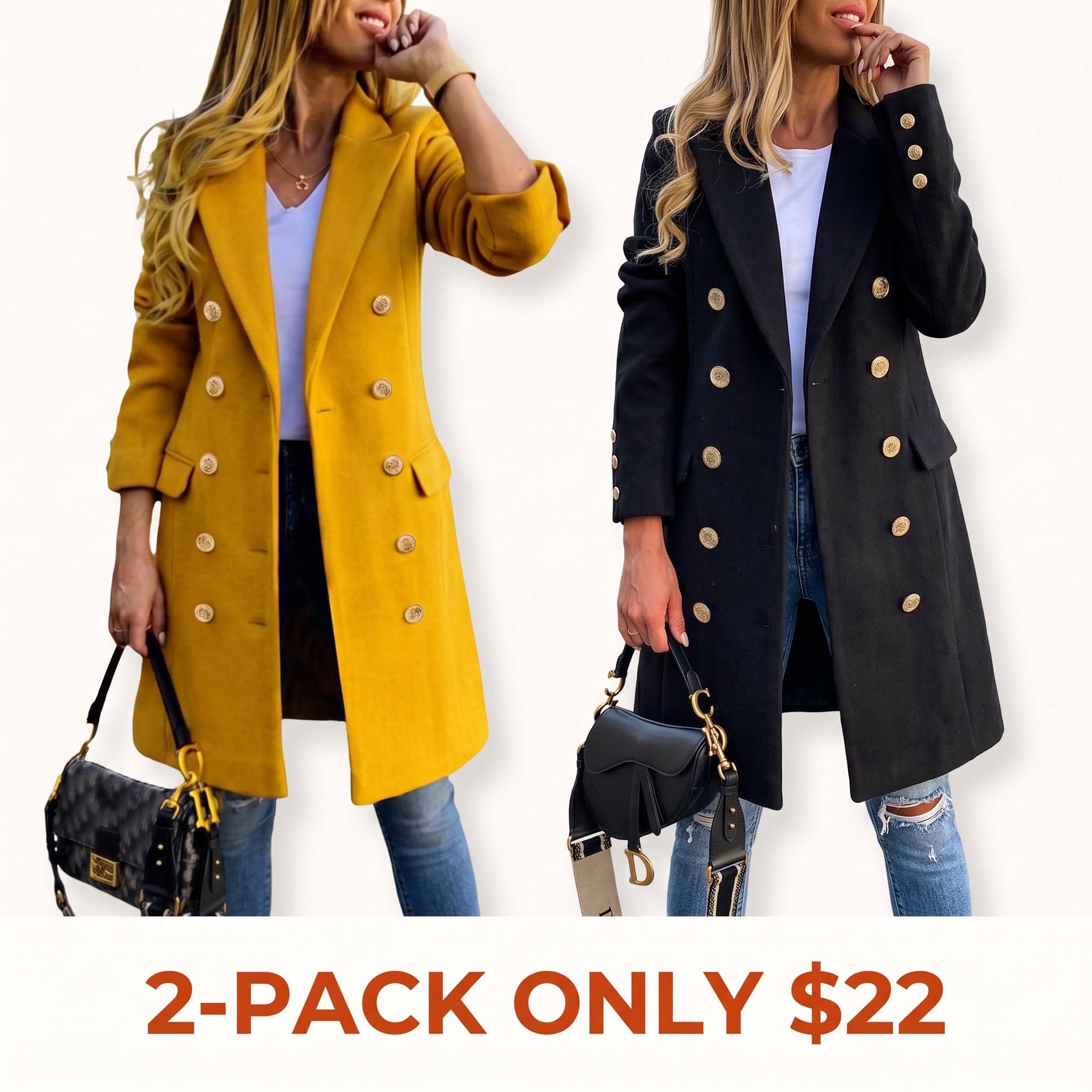 Women's Slim-Fit Double-Breasted Wool-Blend Mid-Length Coat