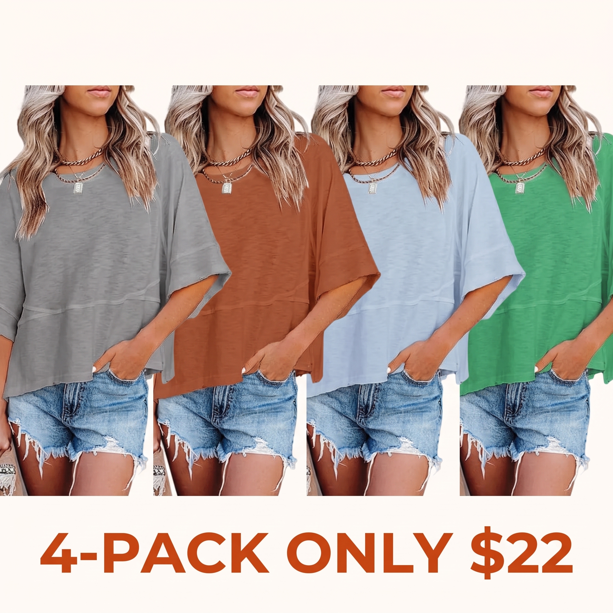 Women's Casual Summer Crew Neck Batwing Sleeve T-Shirt