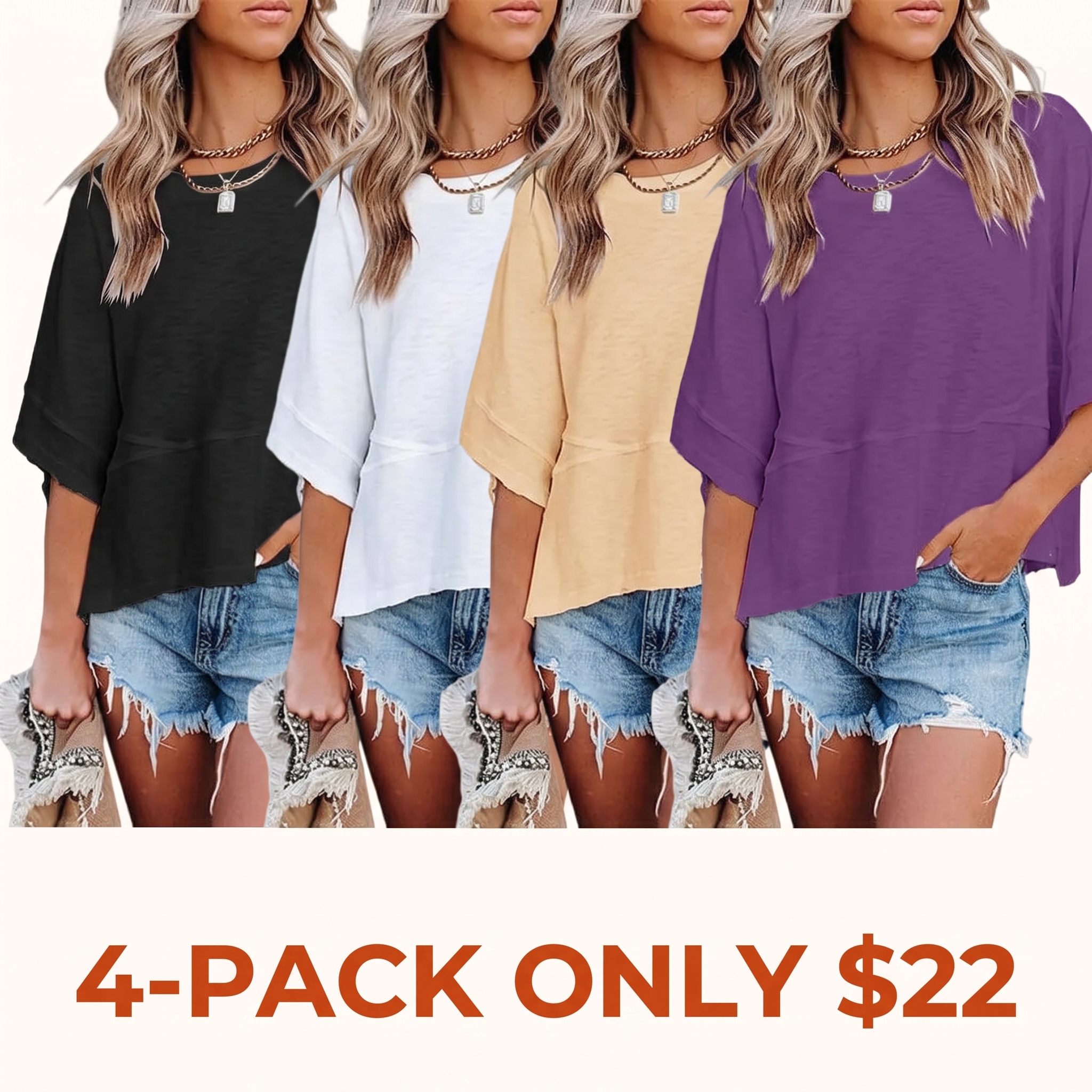 Women's Casual Summer Crew Neck Batwing Sleeve T-Shirt