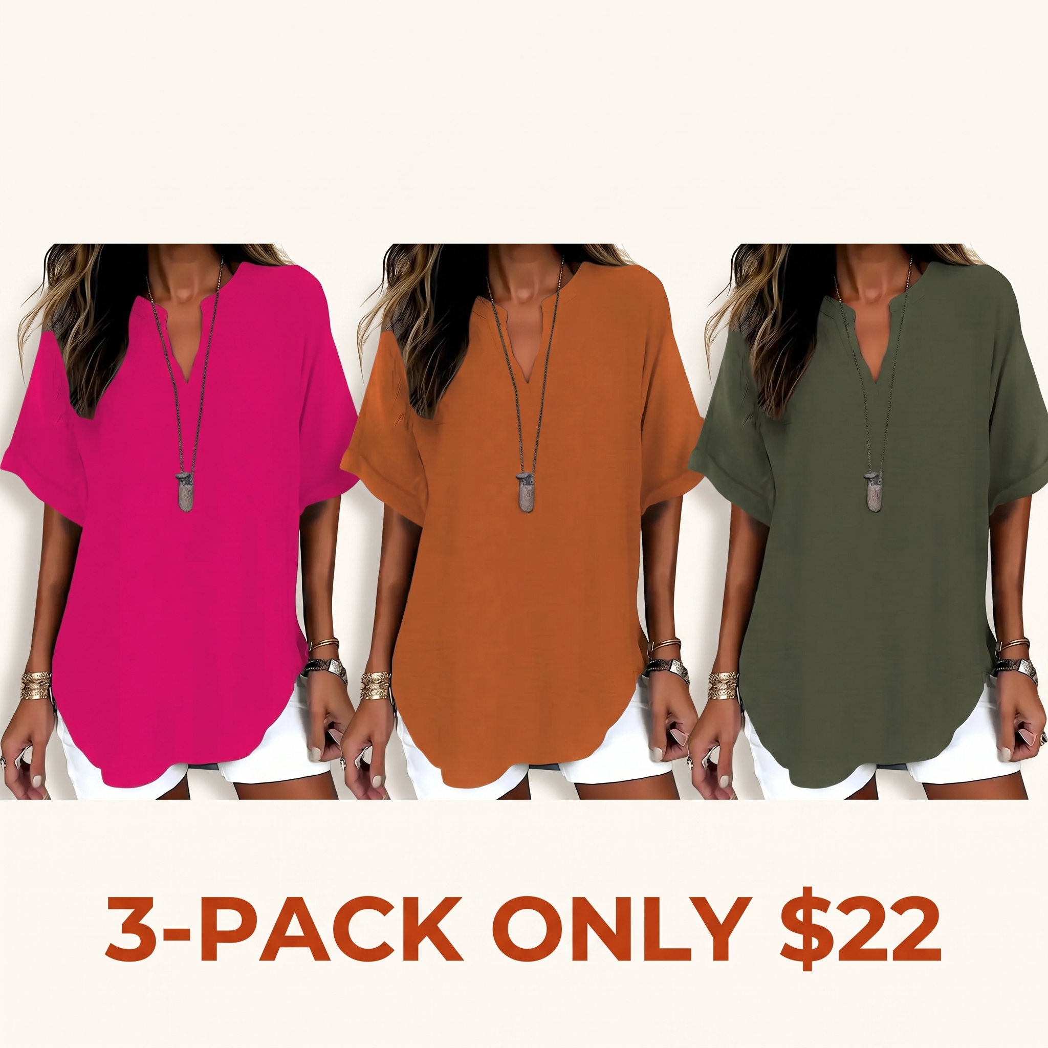 Women's Elegant and Simple Loose-Fit Short-Sleeve V-Neck Polyester Shirt