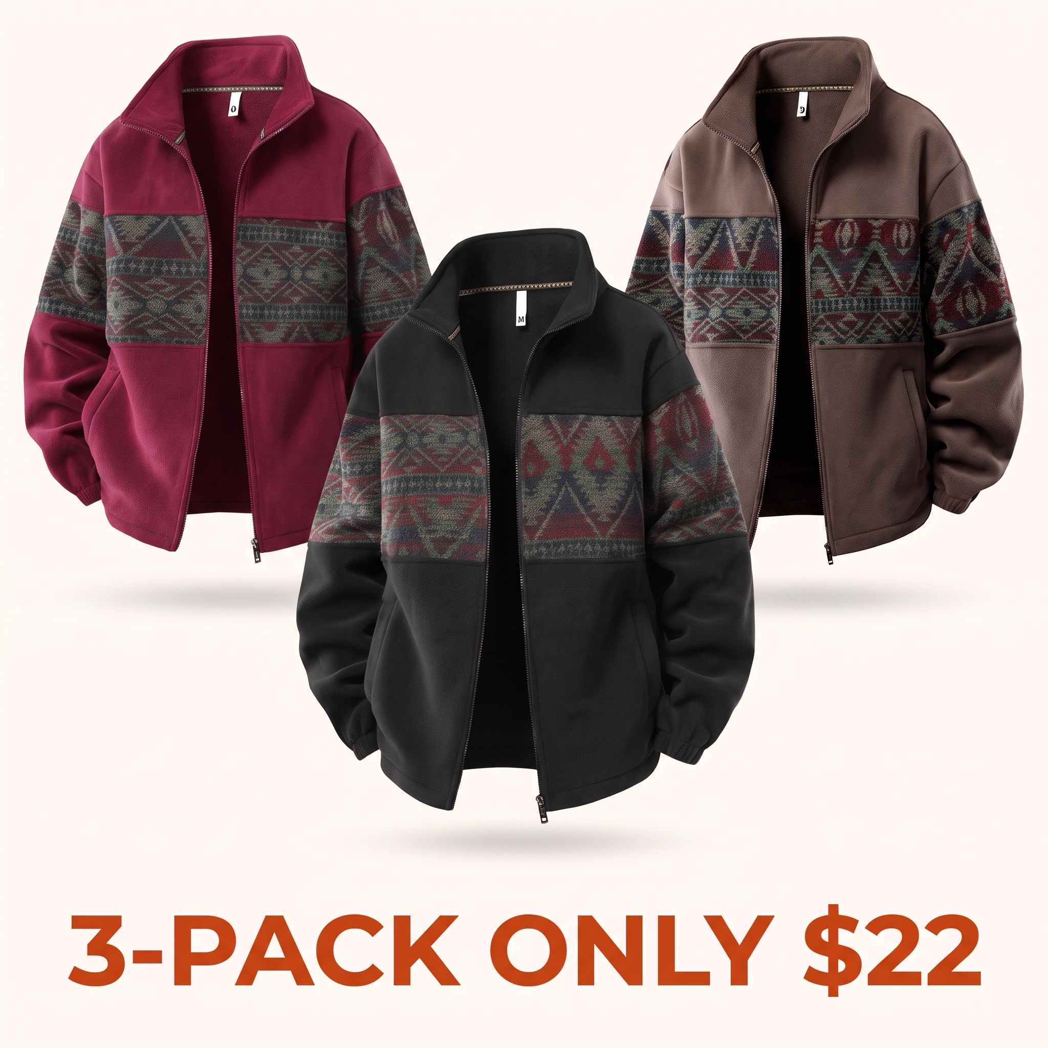 Men's Fleece-Lined Knit Jacket with Ethnic-Style Pattern and Full-Zip Closure