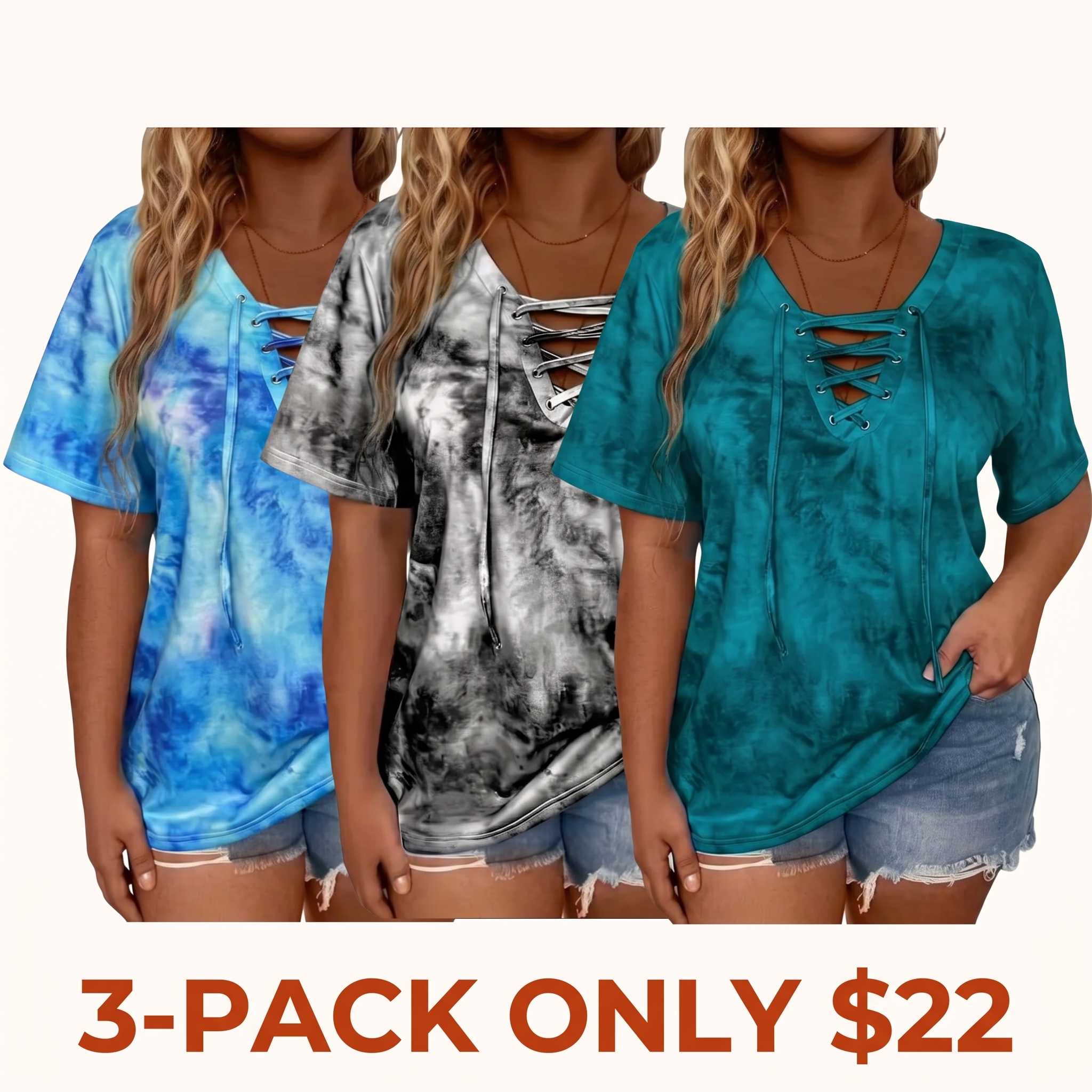 Women's Plus-Size Front-Lace-Up V-Neck T-Shirt