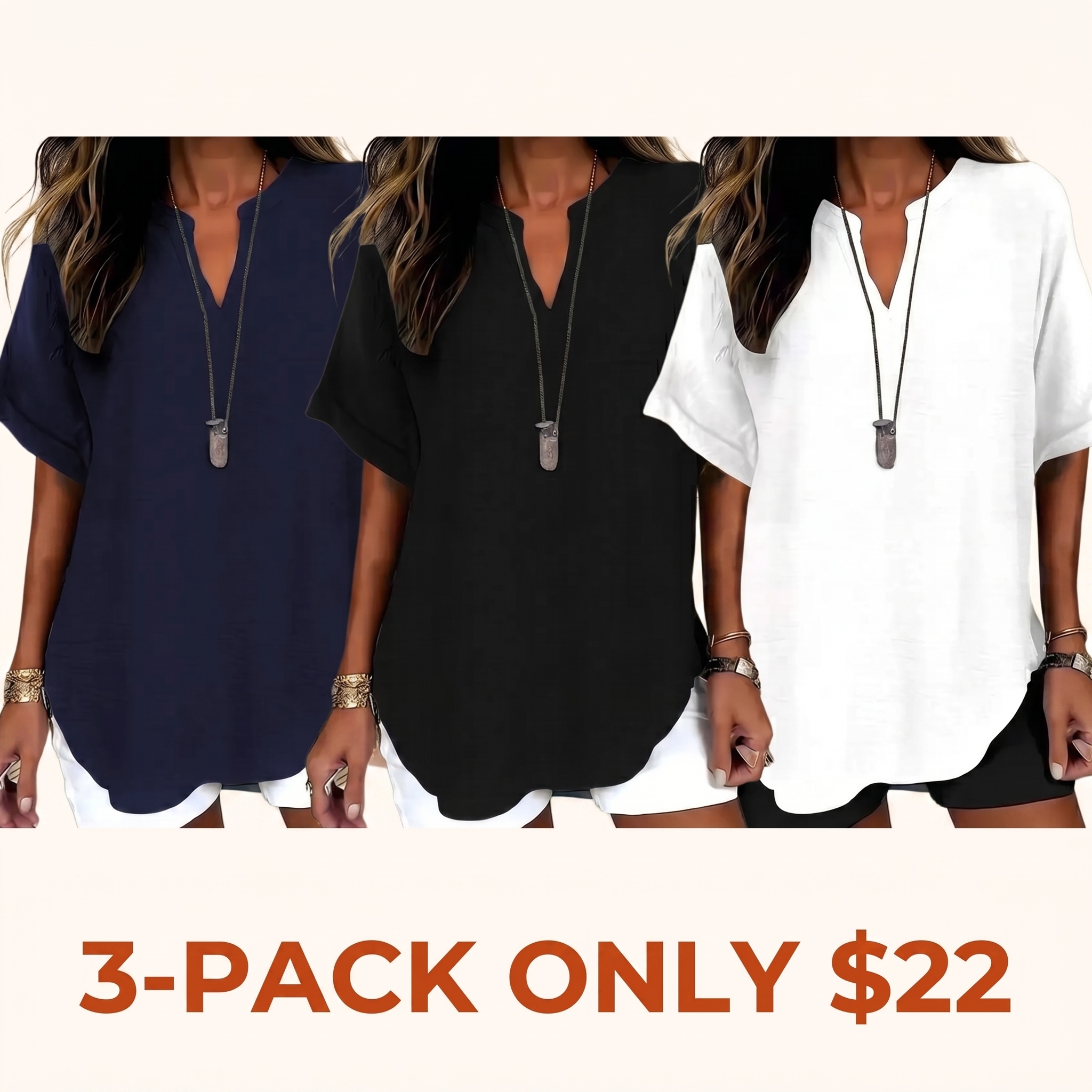 Women's Elegant and Simple Loose-Fit Short-Sleeve V-Neck Polyester Shirt