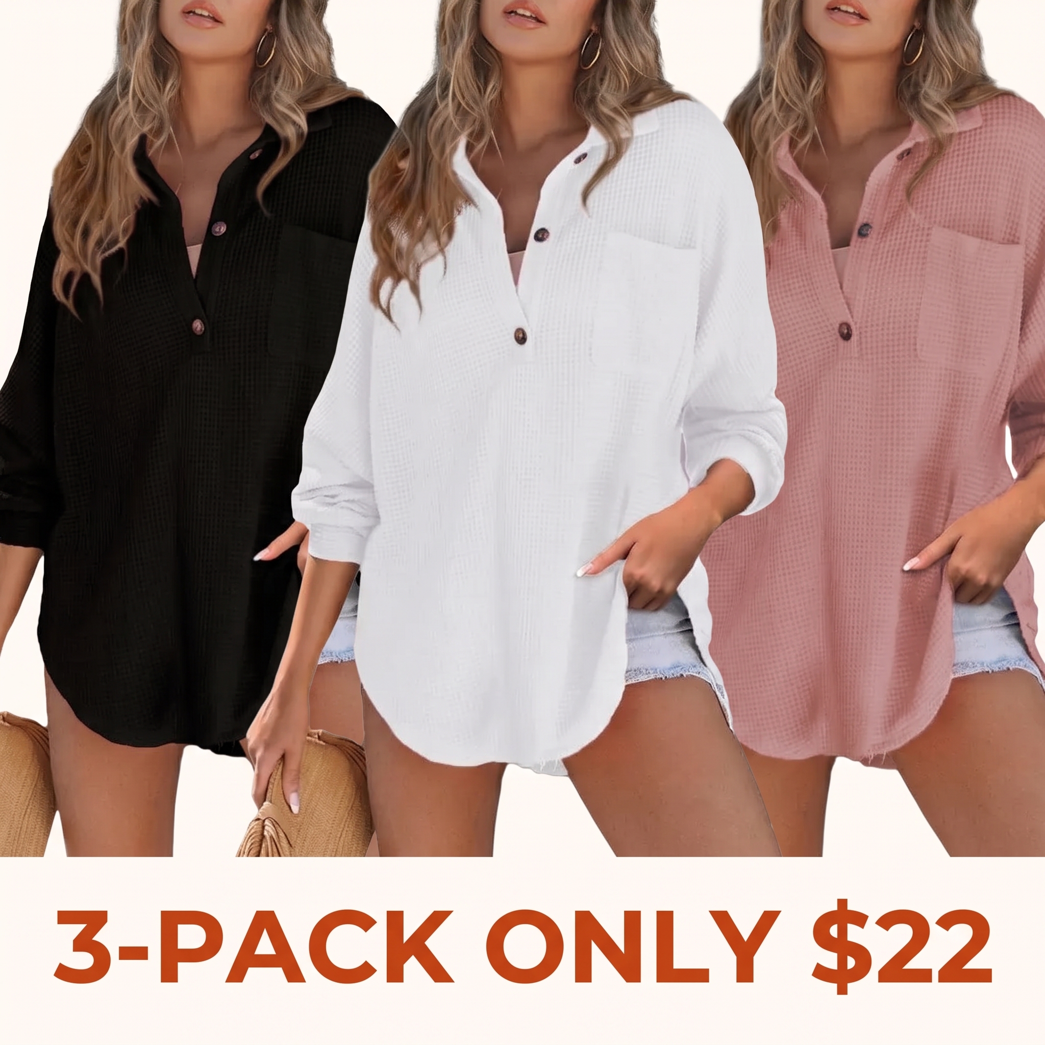 Women's Relaxed-Fit Waffle-Knit Henley Shirt
