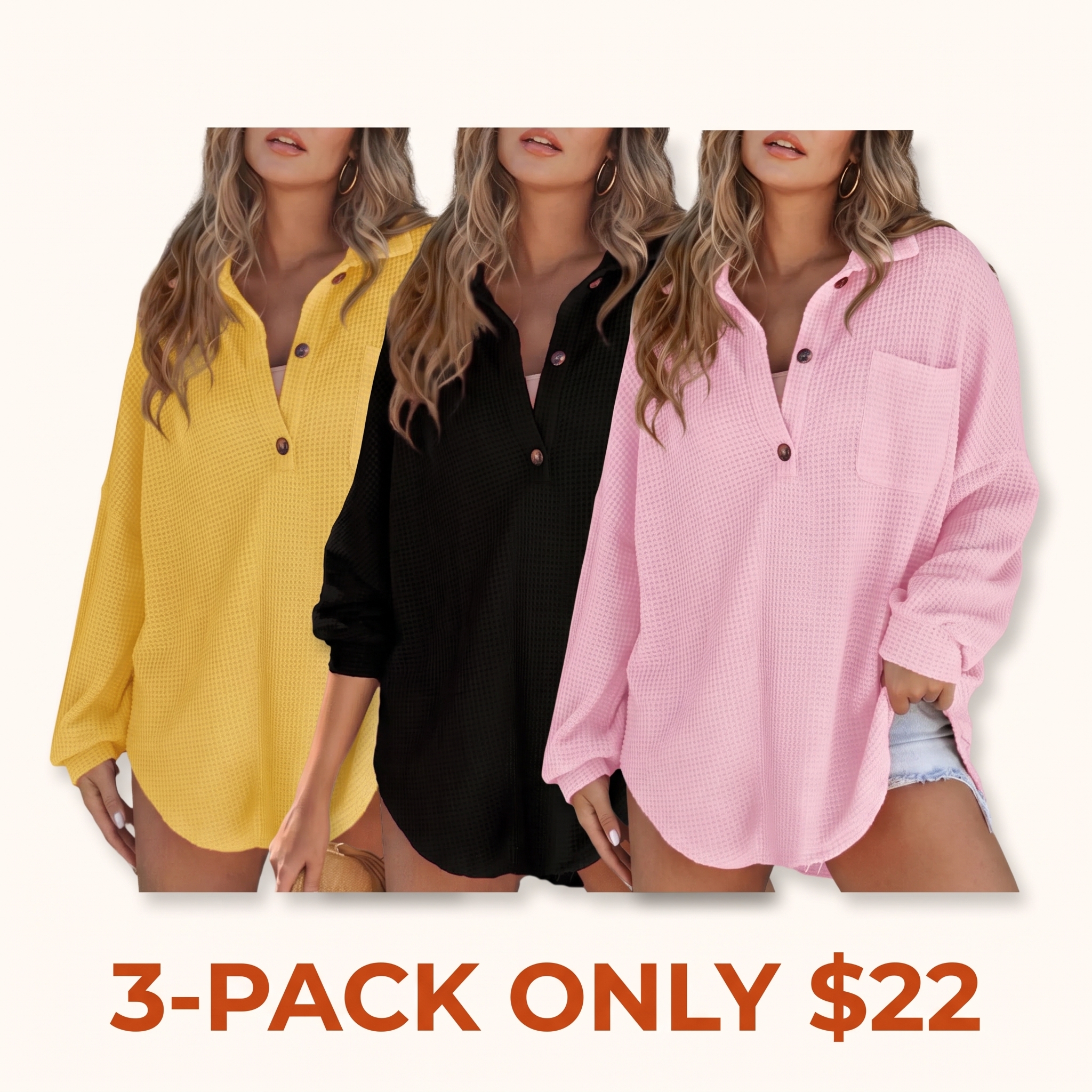 Women's Relaxed-Fit Waffle-Knit Henley Shirt