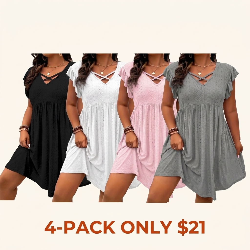 [Plus Size] Solid-Color Cut-Out V-Neck Dress